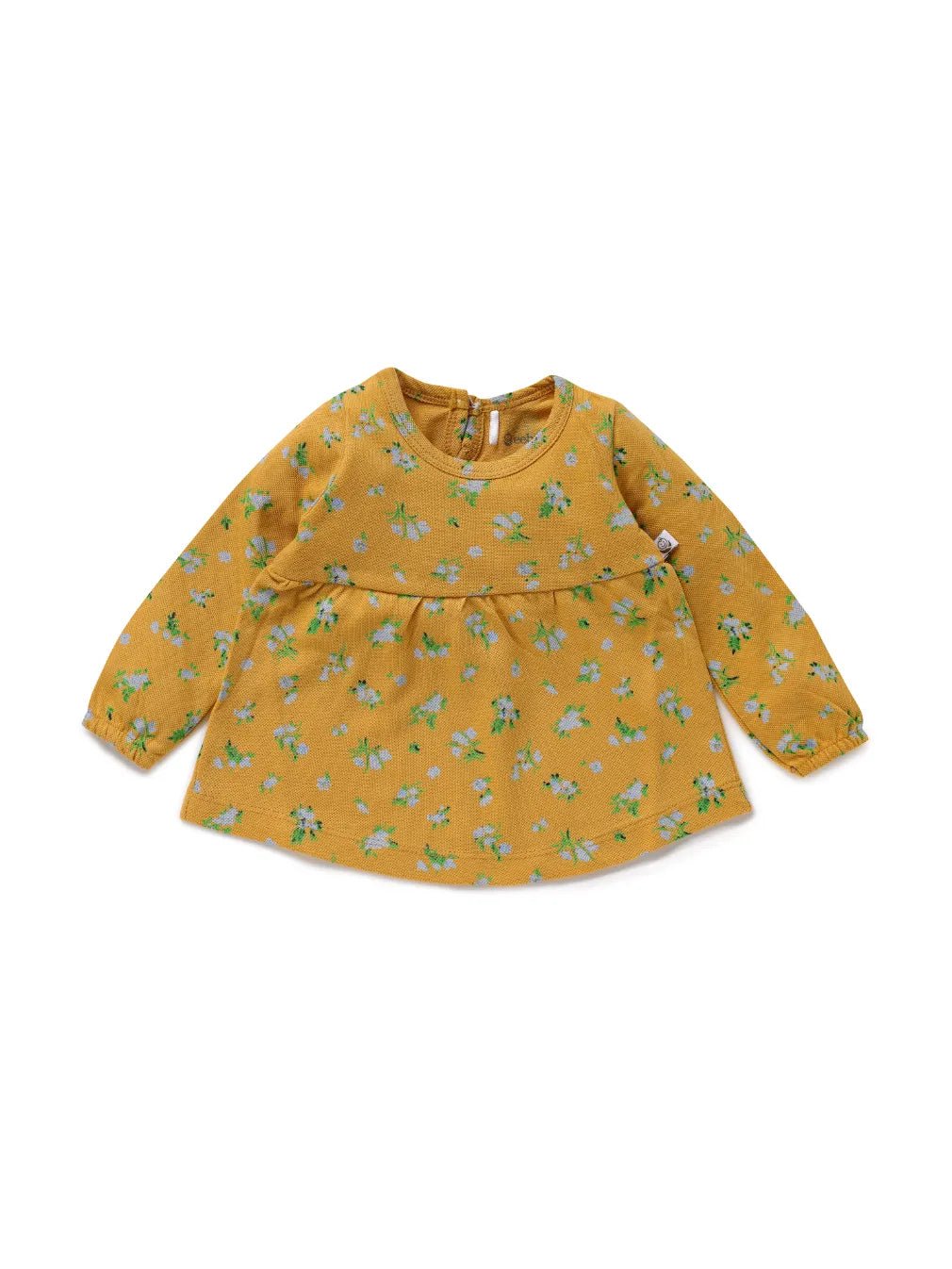 Full sleeve blue flower pattern in yellow frock for baby girls