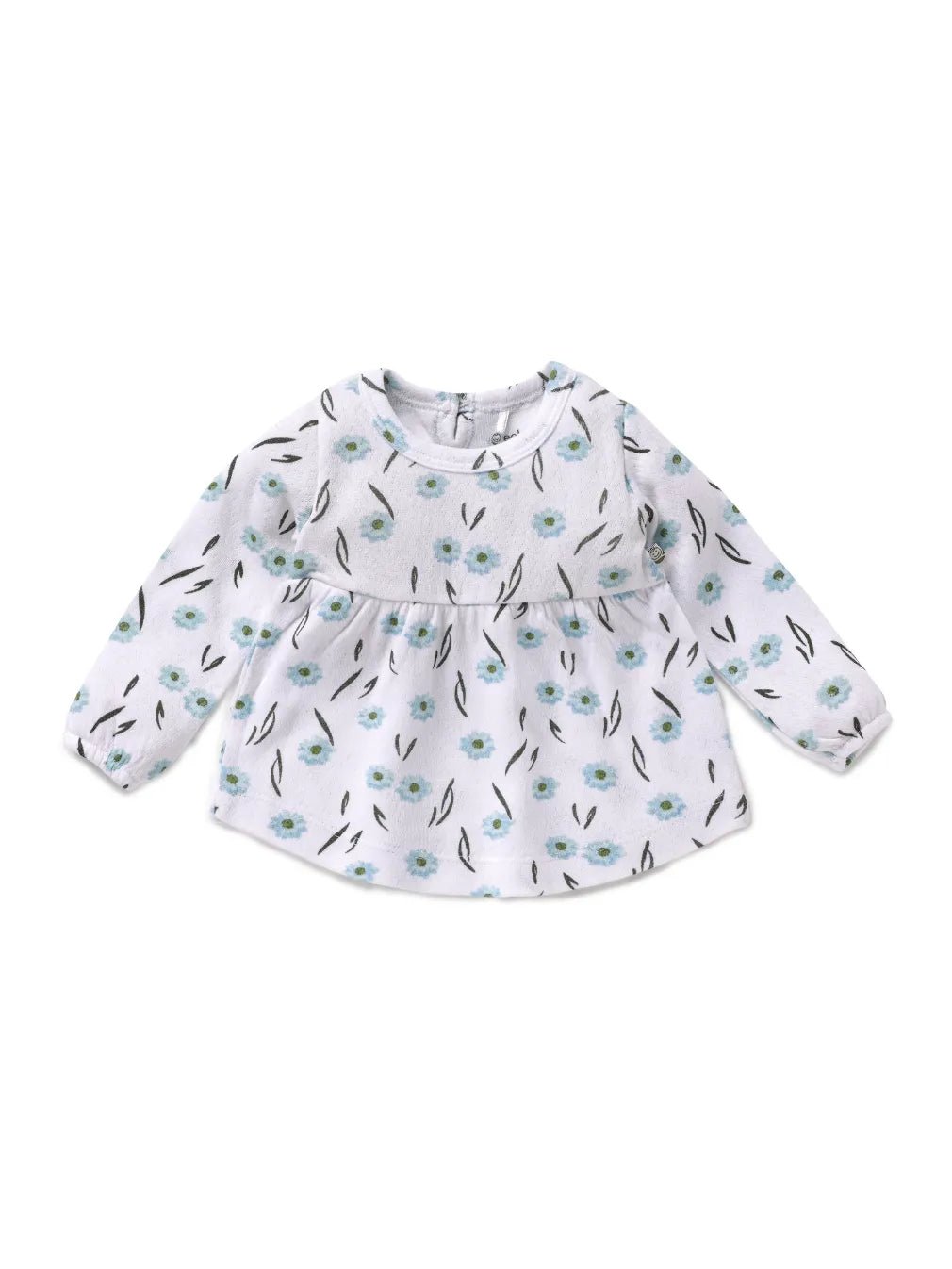 Full sleeve cyan flower pattern in white frock for baby girls
