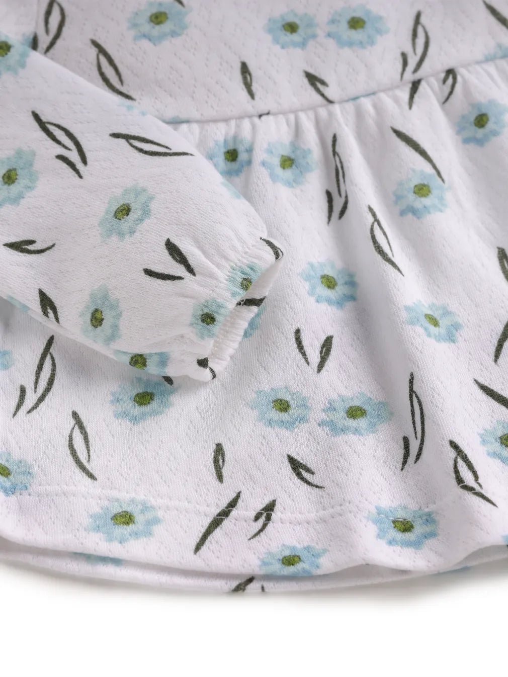 Full sleeve cyan flower pattern in white frock for baby girls