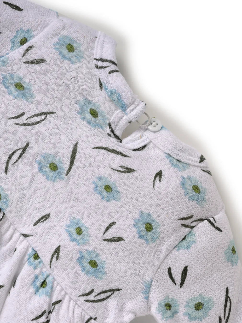 Full sleeve cyan flower pattern in white frock for baby girls