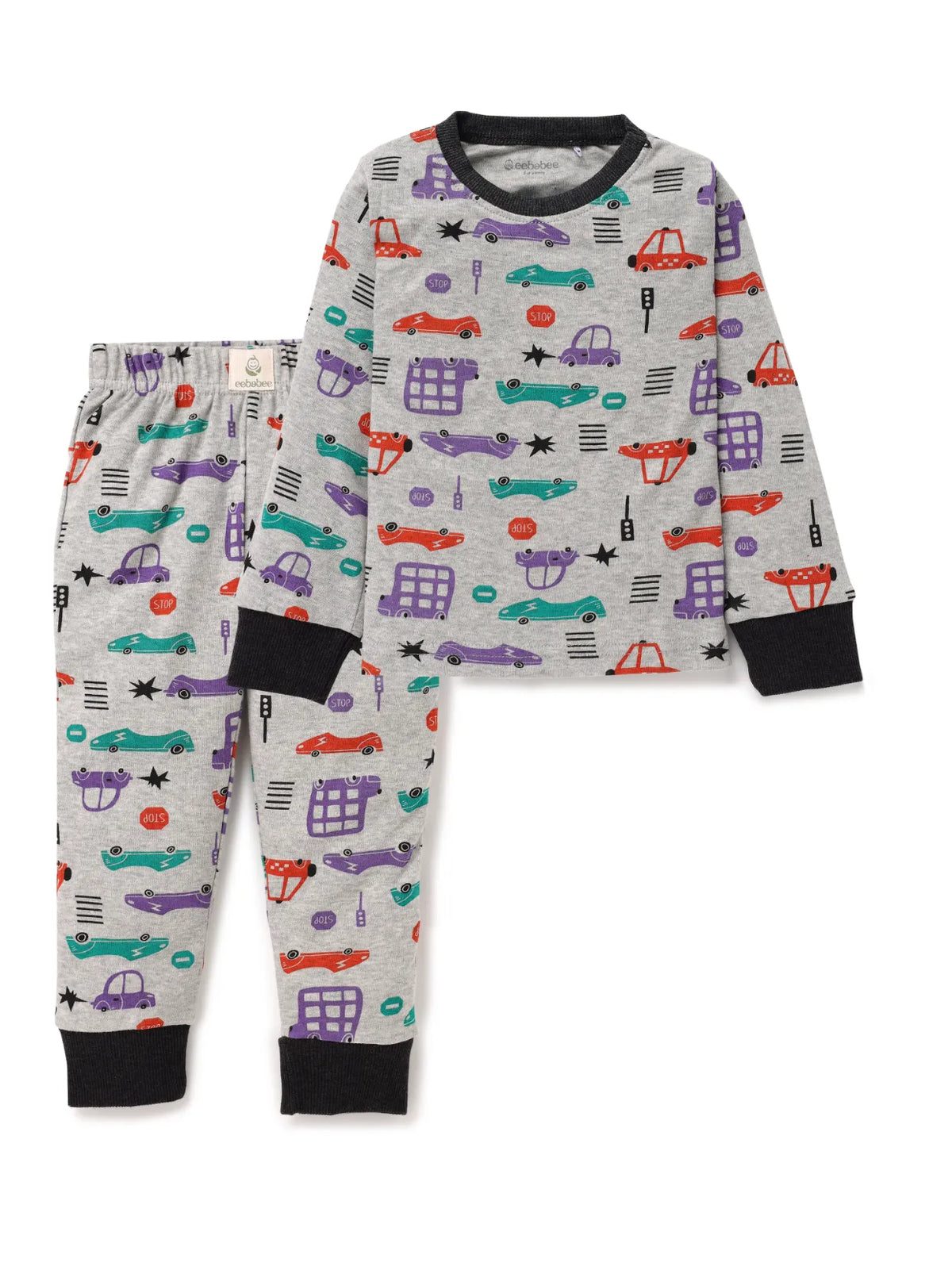 Full sleeve graphic car pattern in white & grey pajama combo for baby