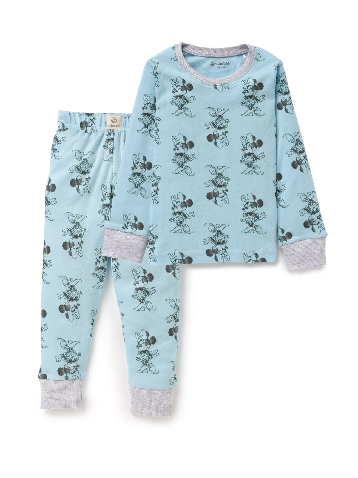 Full sleeve minnie mouse pattern in cyan & black cat pattern in white pajama combo for baby