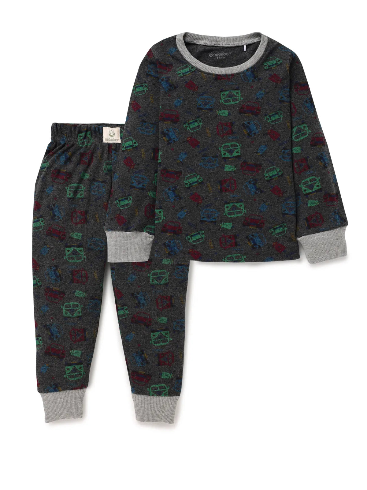 Full sleeve graphic car pattern in white & grey pajama combo for baby