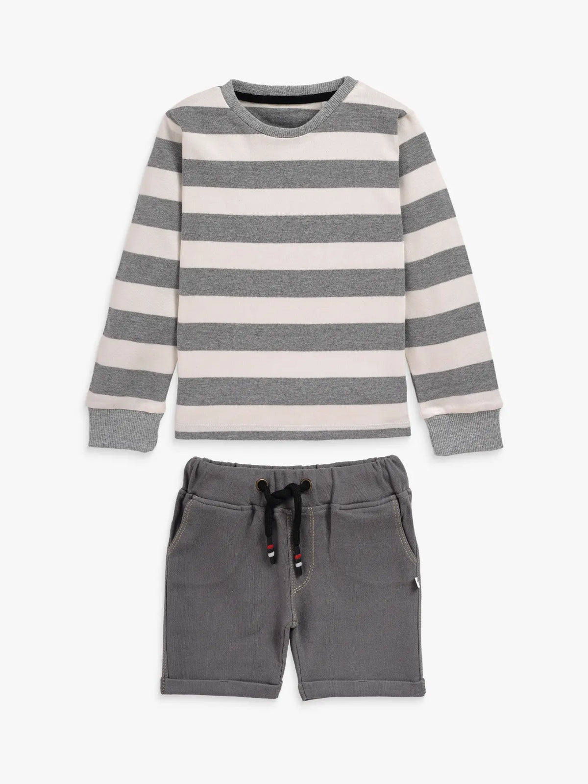 Full sleeve grey & white denim shorts & cuff t-shirt set for baby