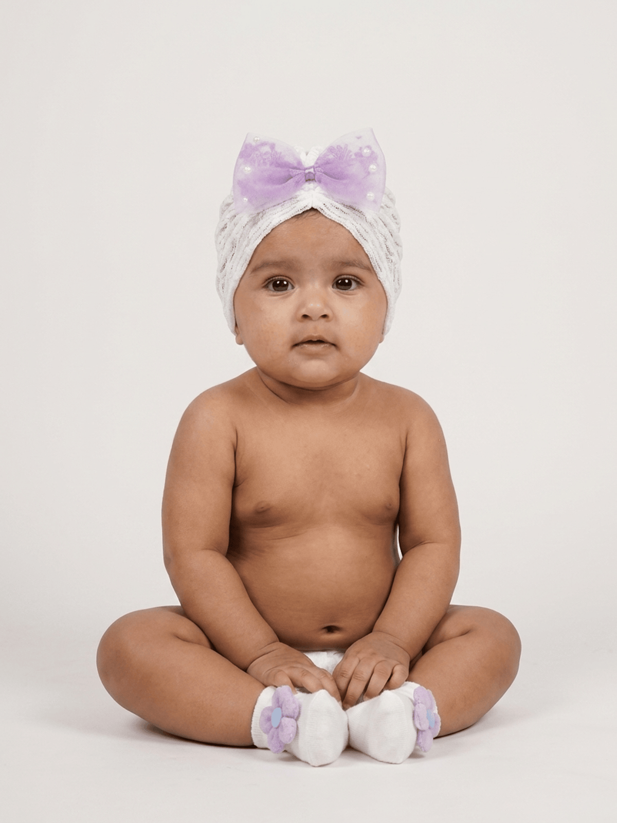 Baby Turban Cap & Booties Set - Cream With Lavender