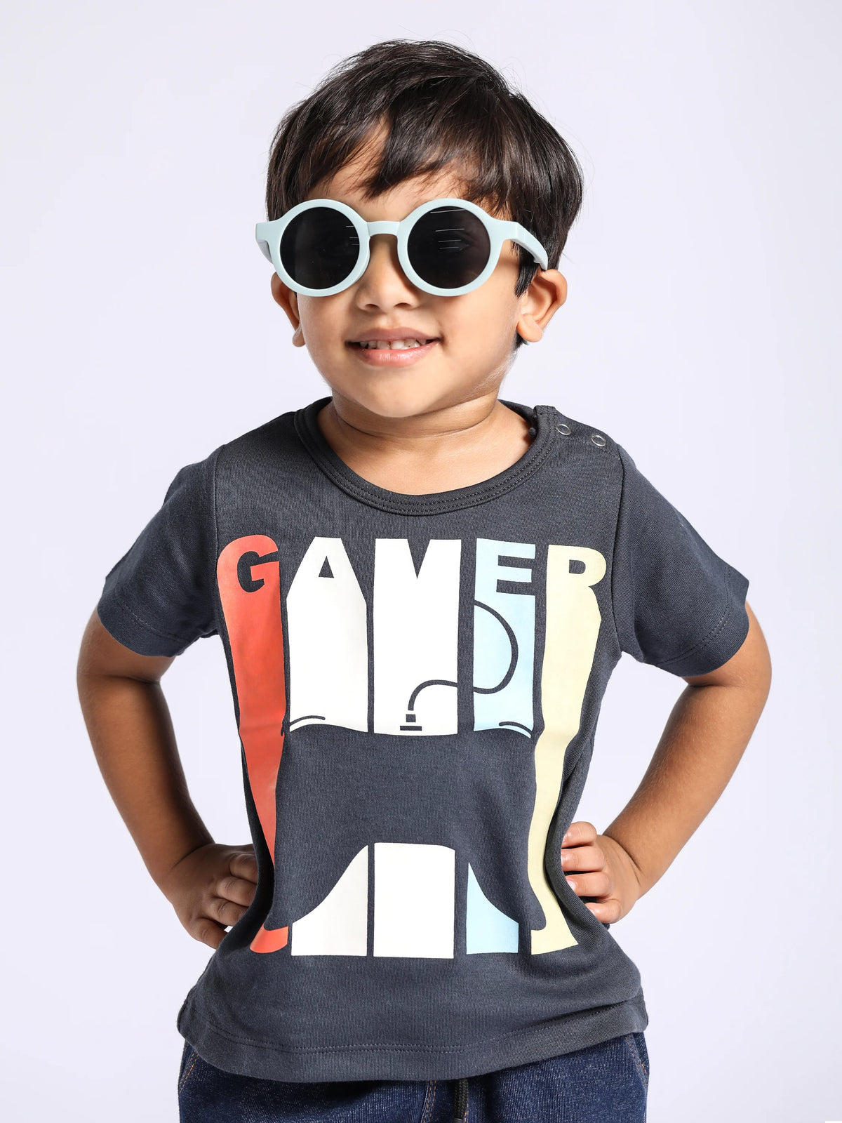 Half sleeve black & orange graphic t-shirt for baby