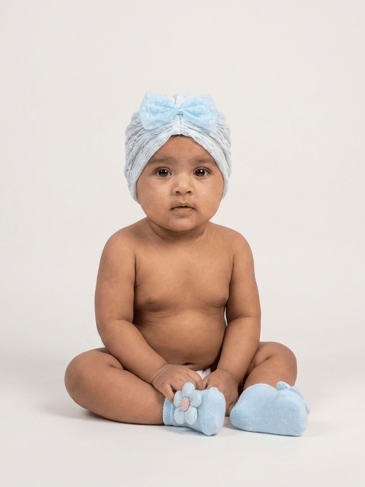 Baby Turban Cap & Booties Set - White With Sky Blue