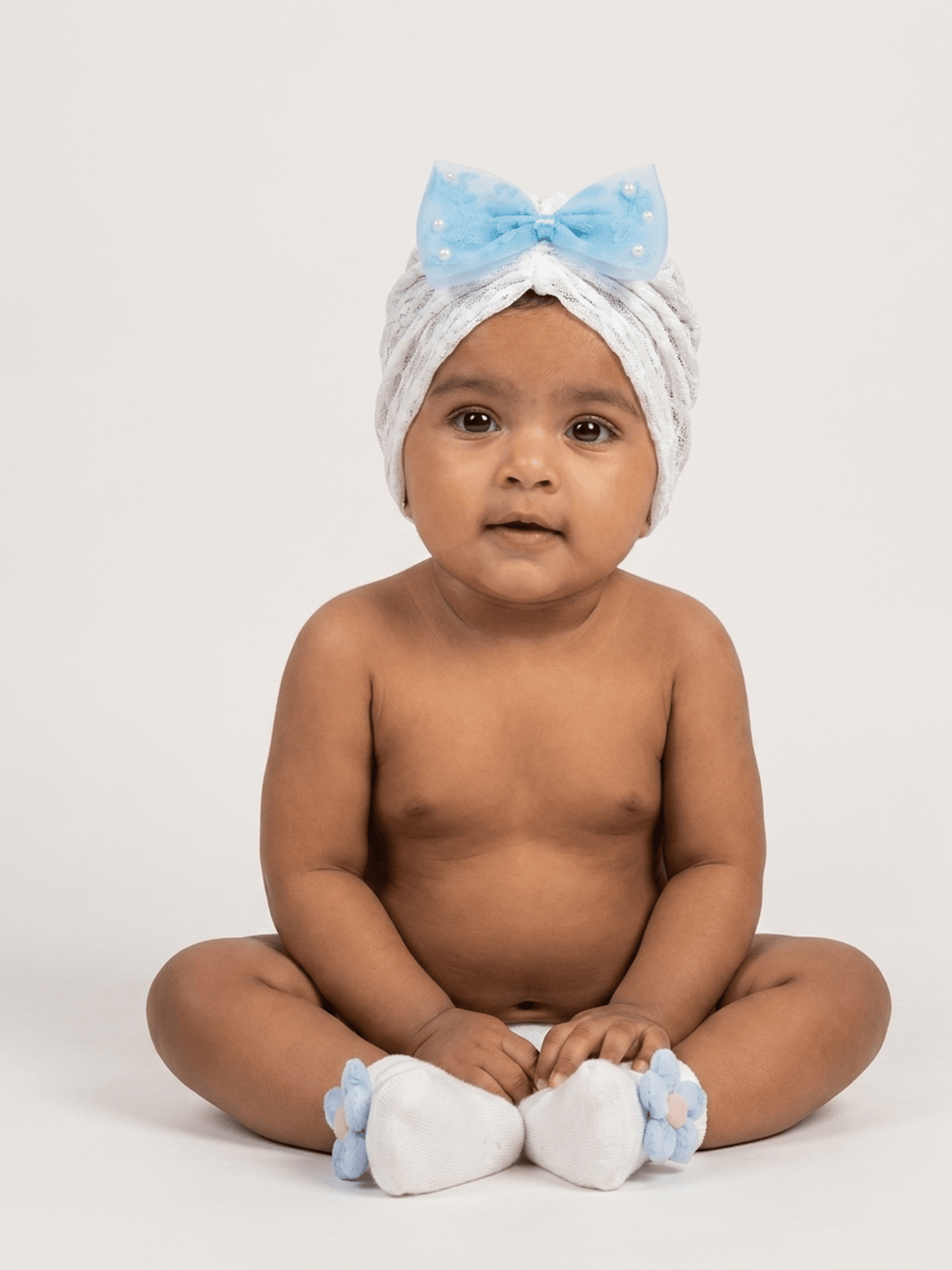 Baby Turban Cap & Booties Set - White With Blue