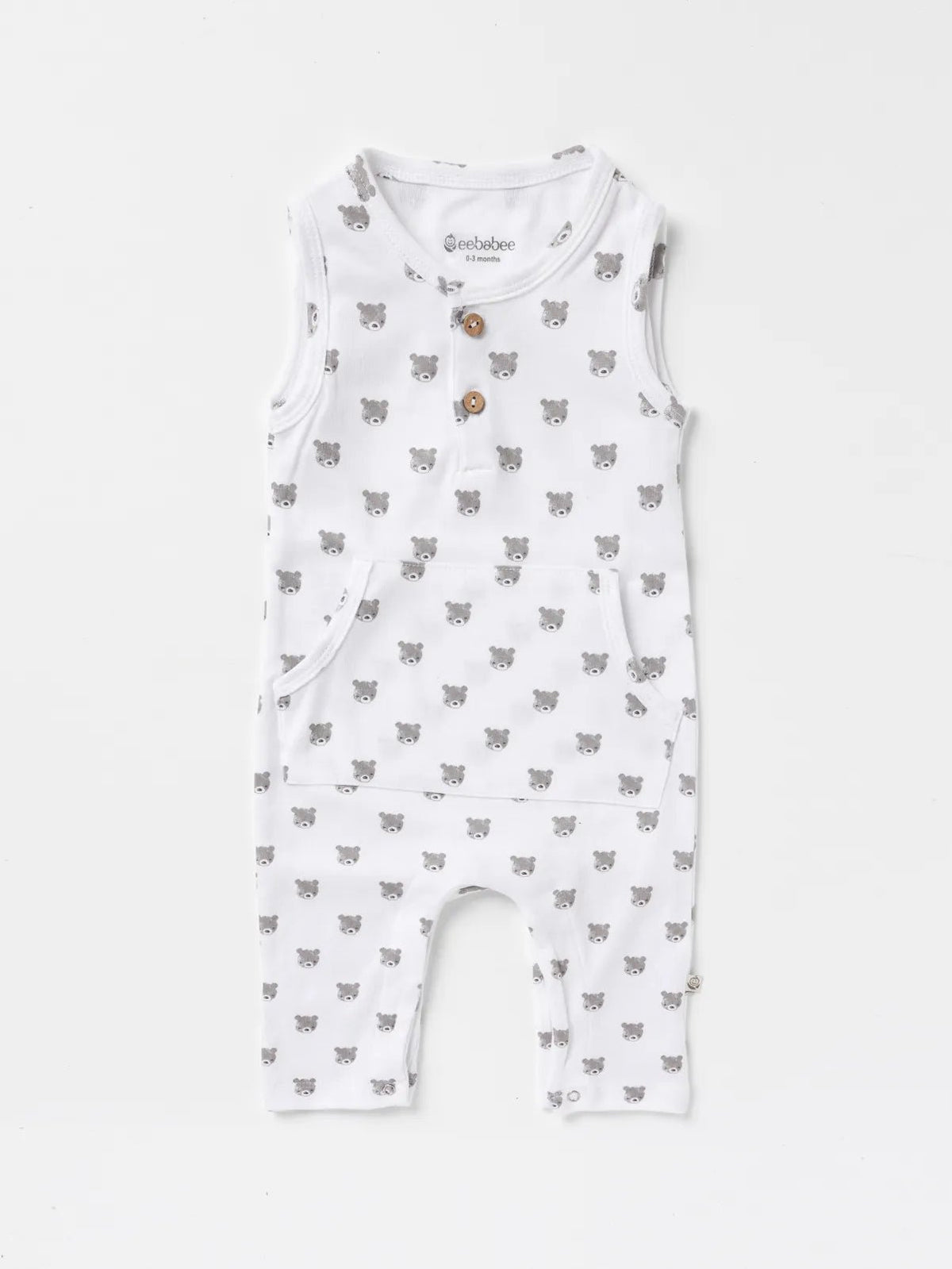 Sleeveless grey teddy pattern in white dungaree for baby