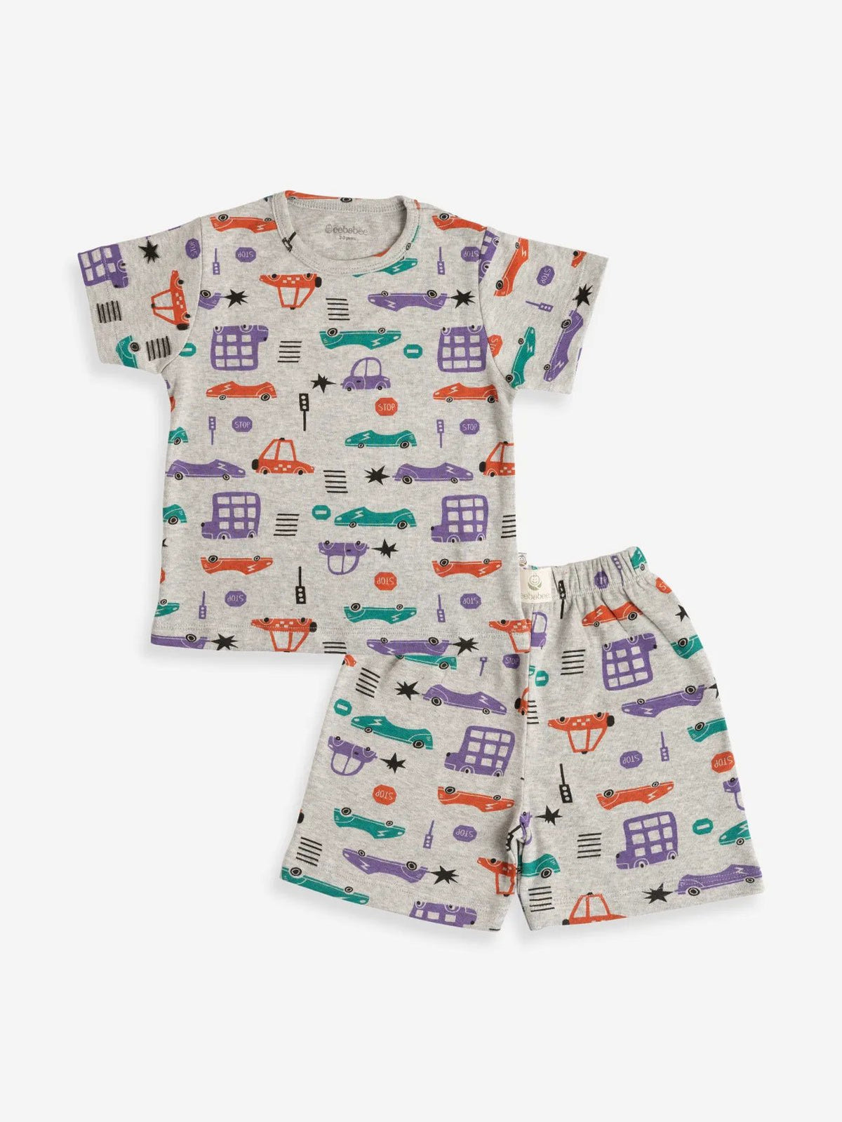 Half sleeve toy graphic in grey t-shirt & shorts combo for baby