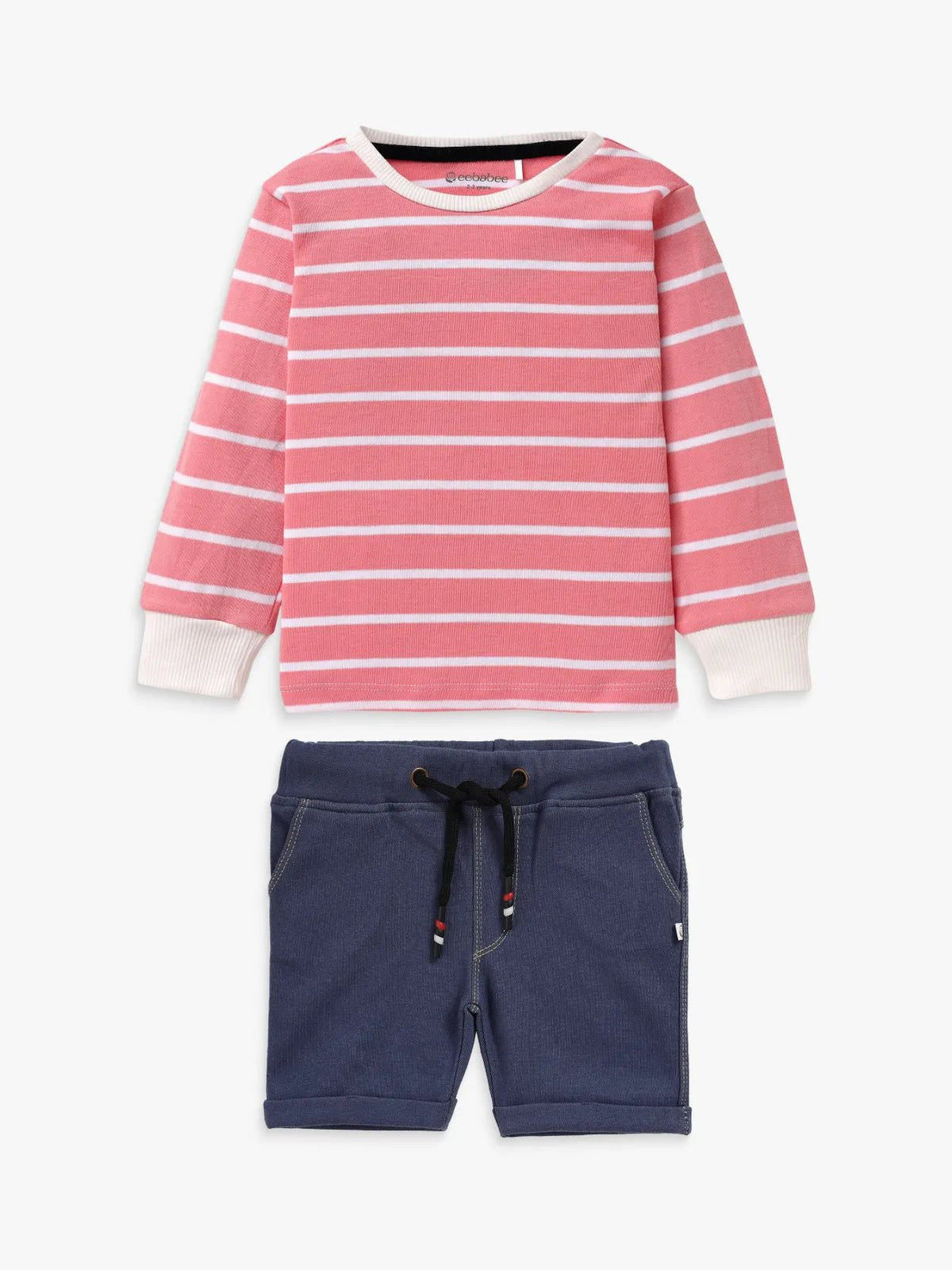 Full sleeve pink & blue denim shorts & cuff t-shirt set for baby
