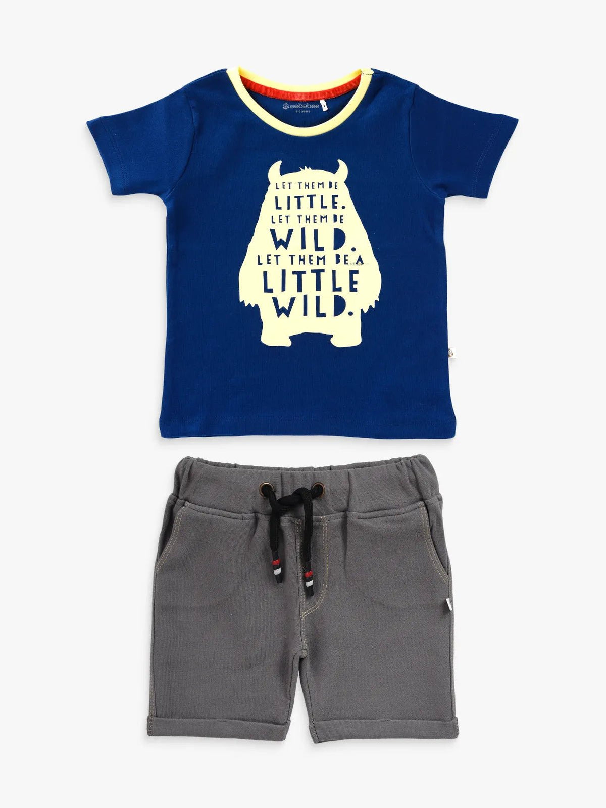 Half sleeve white graphic pattern in blue & grey denim shorts &  T-shirt set for baby