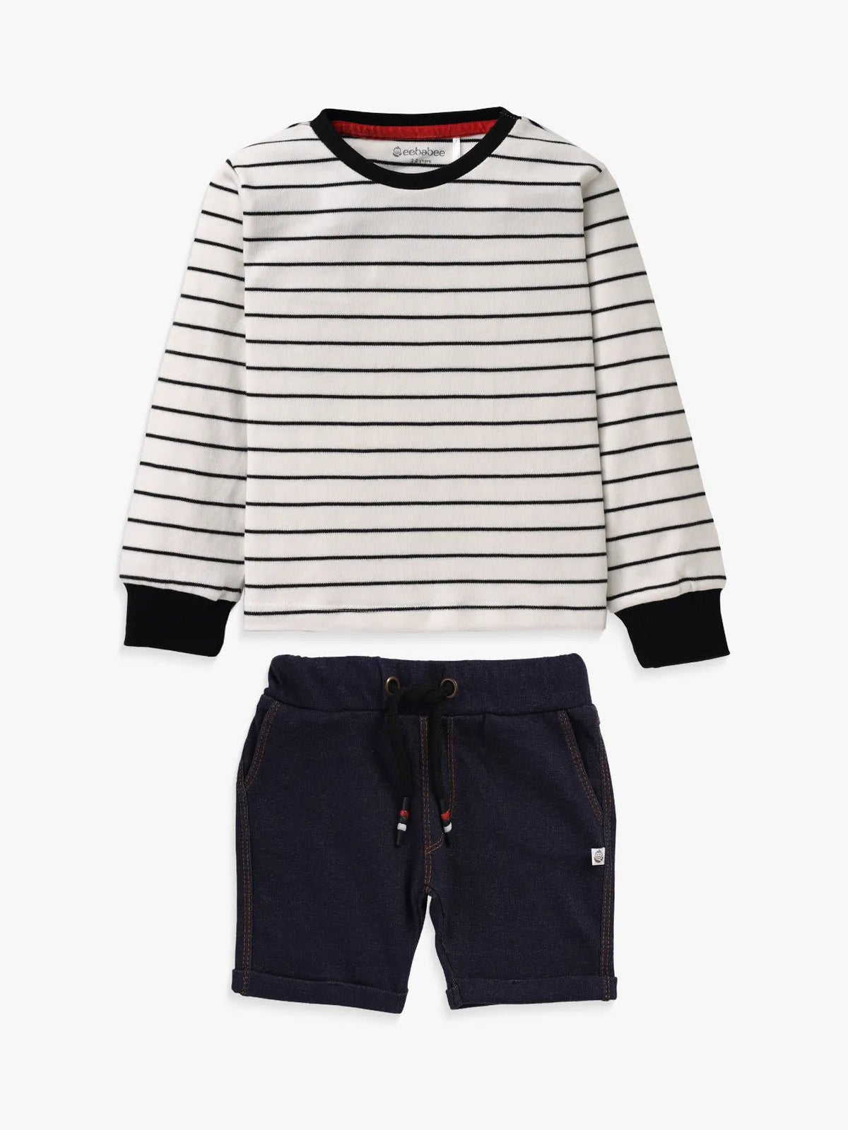 Full sleeve black pattern in white & navy blue denim shorts & cuff t-shirt set for baby