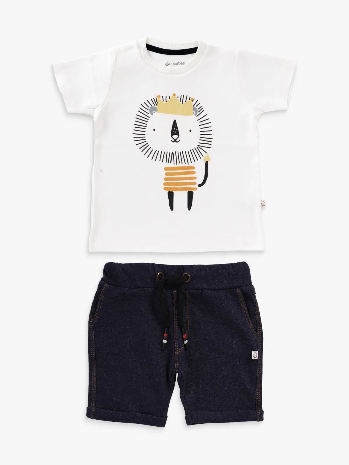 Half sleeve white & navy blue denim shorts &  T-shirt set for baby