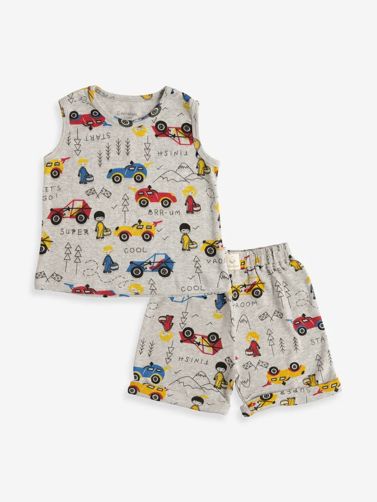 Sleeveless grey & graphic pattern t-shirt & shorts set for baby