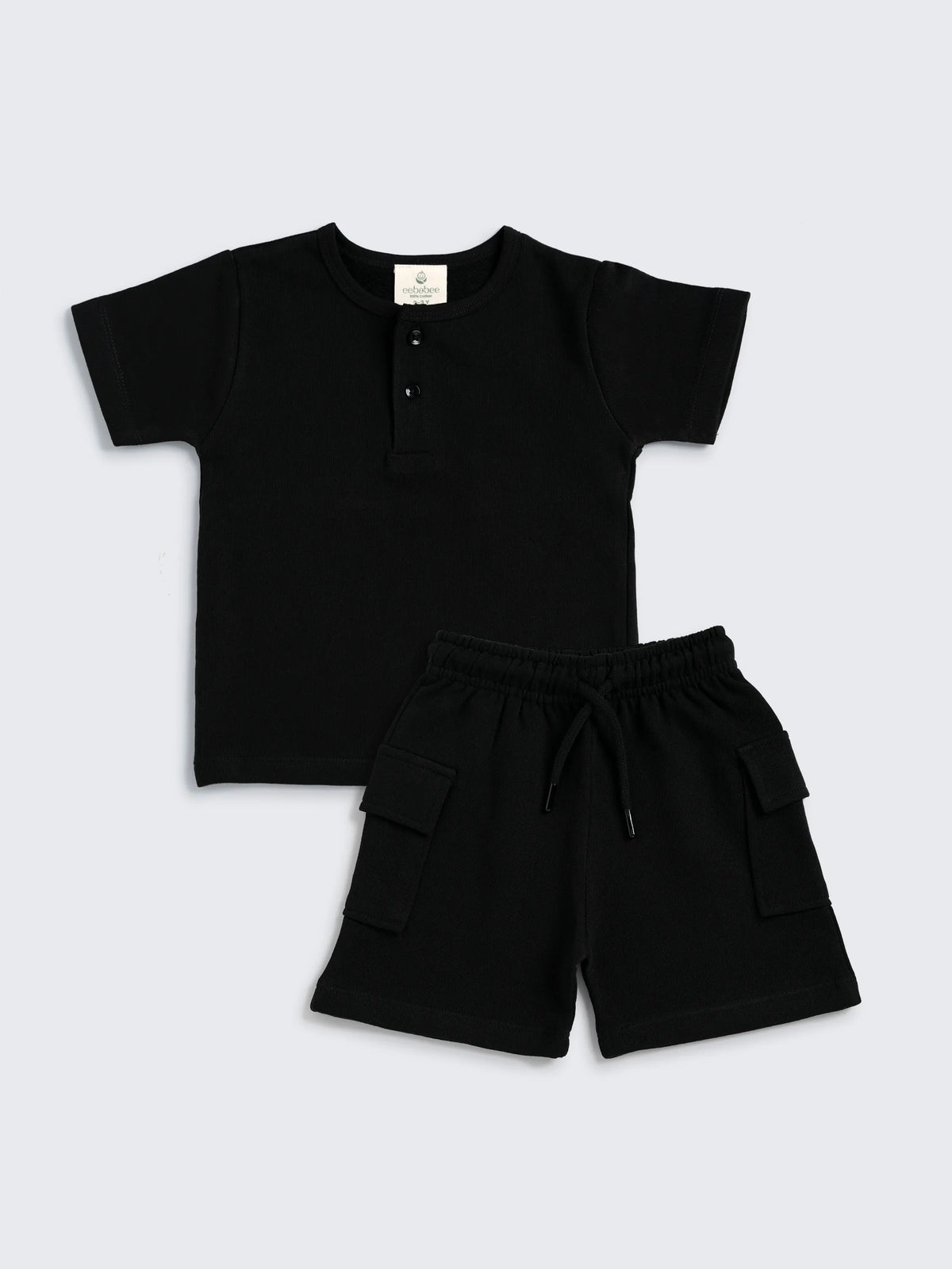 Boys Black Cargo Shorts Set - Henley Tee & Cargo Shorts Combo