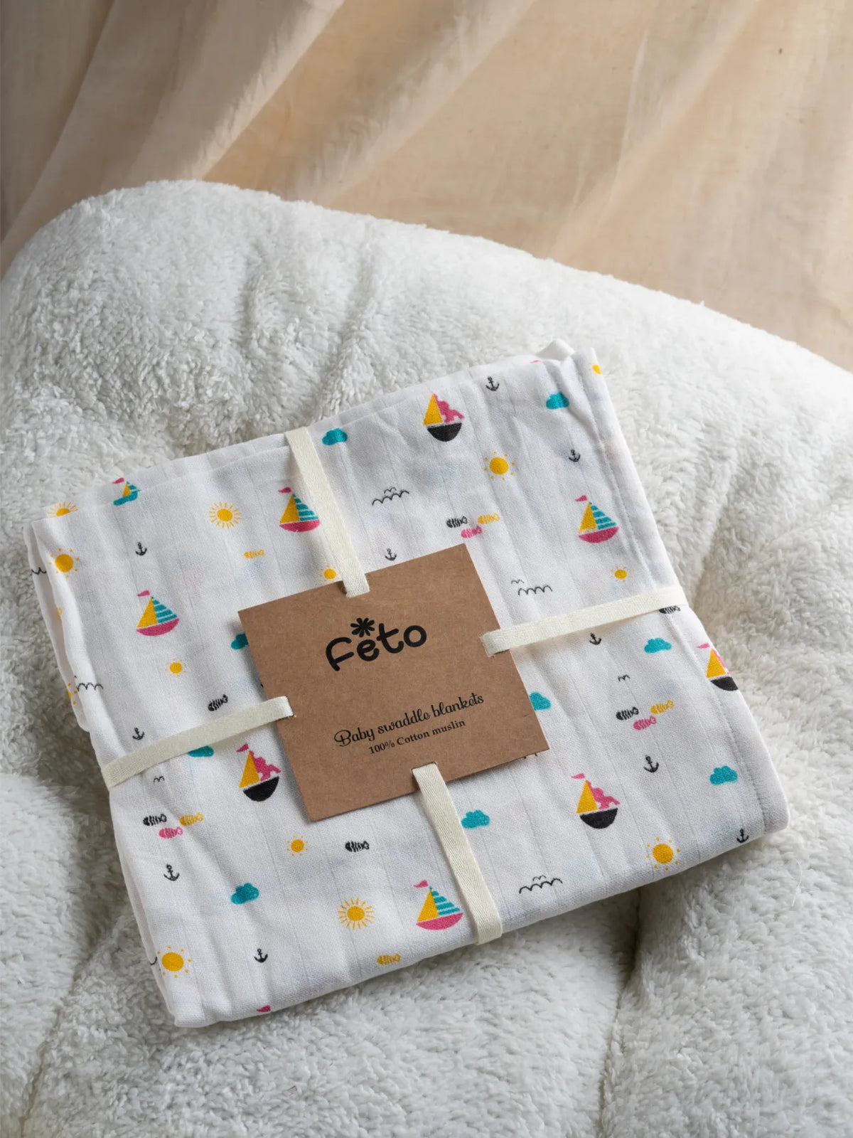 COTTON MUSLIN SWADLE WRAP - BOAT FISH WHITE