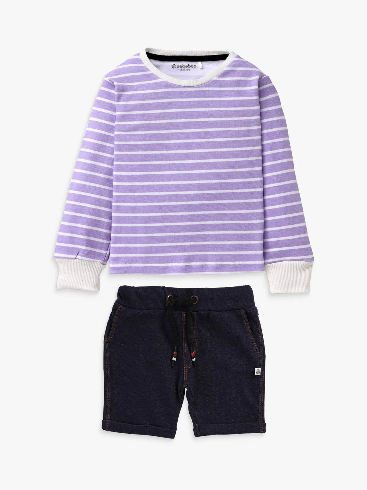 Full sleeve violet & navy blue denim shorts & cuff t-shirt set for baby