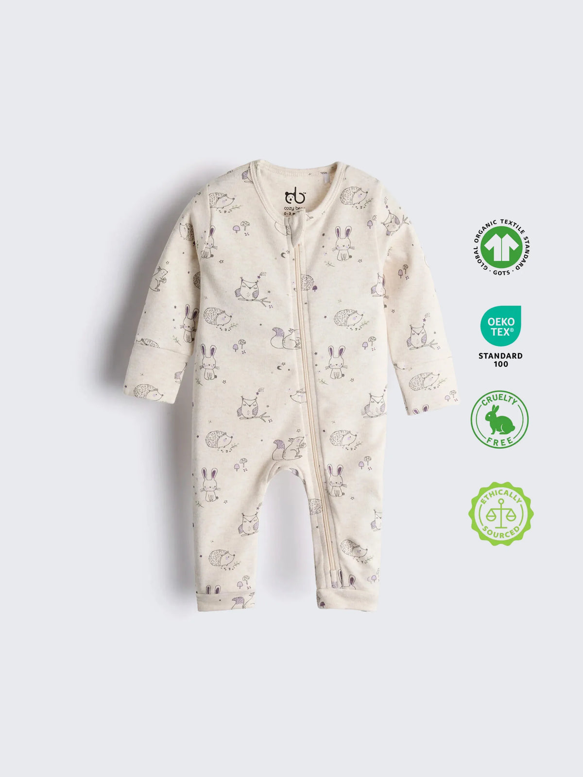 Organic Cotton Baby Full Sleeve Zip Romper with Cute Animal Print