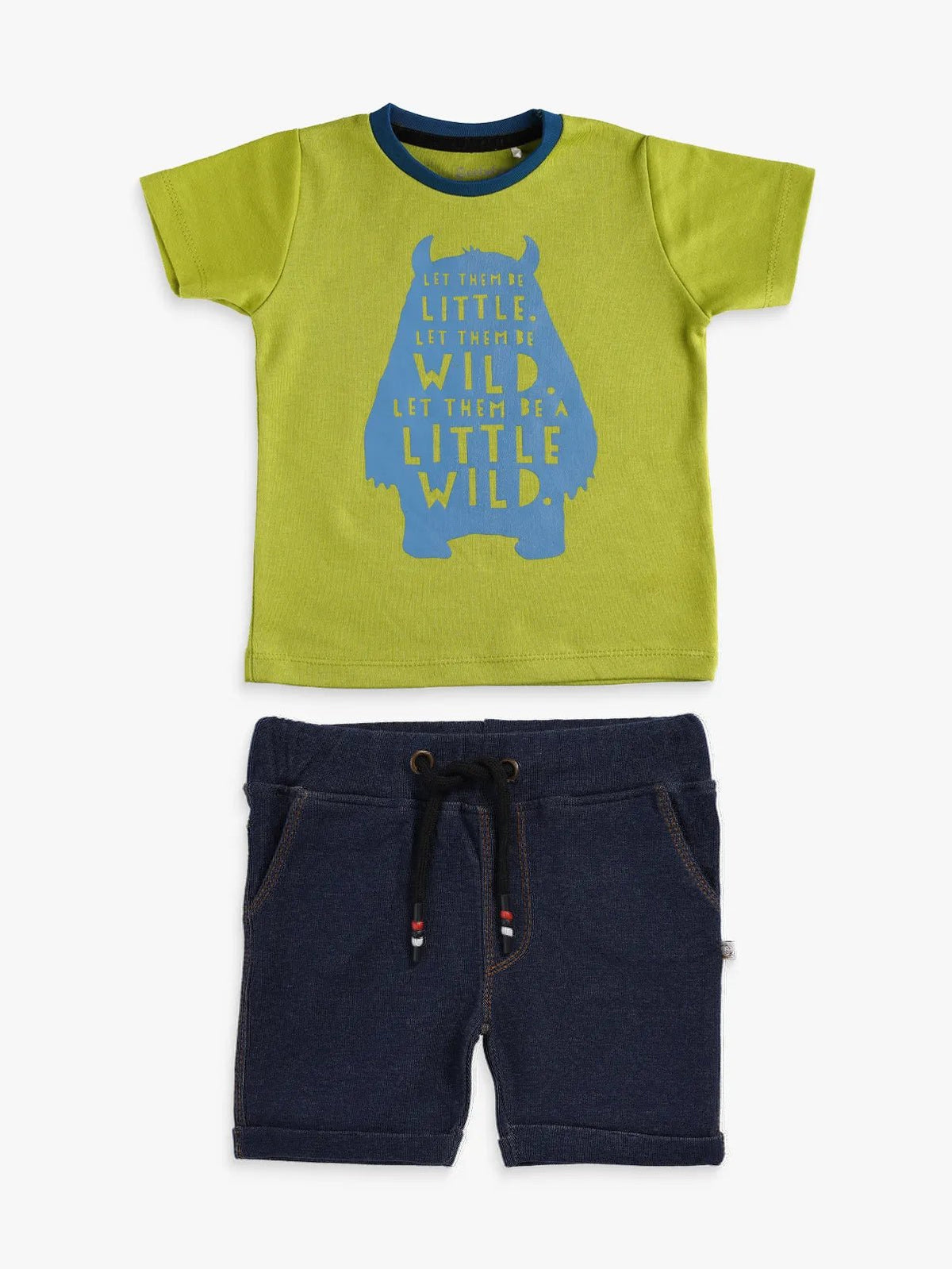 Half sleeve light green & blue denim shorts &  t-shirt set for baby