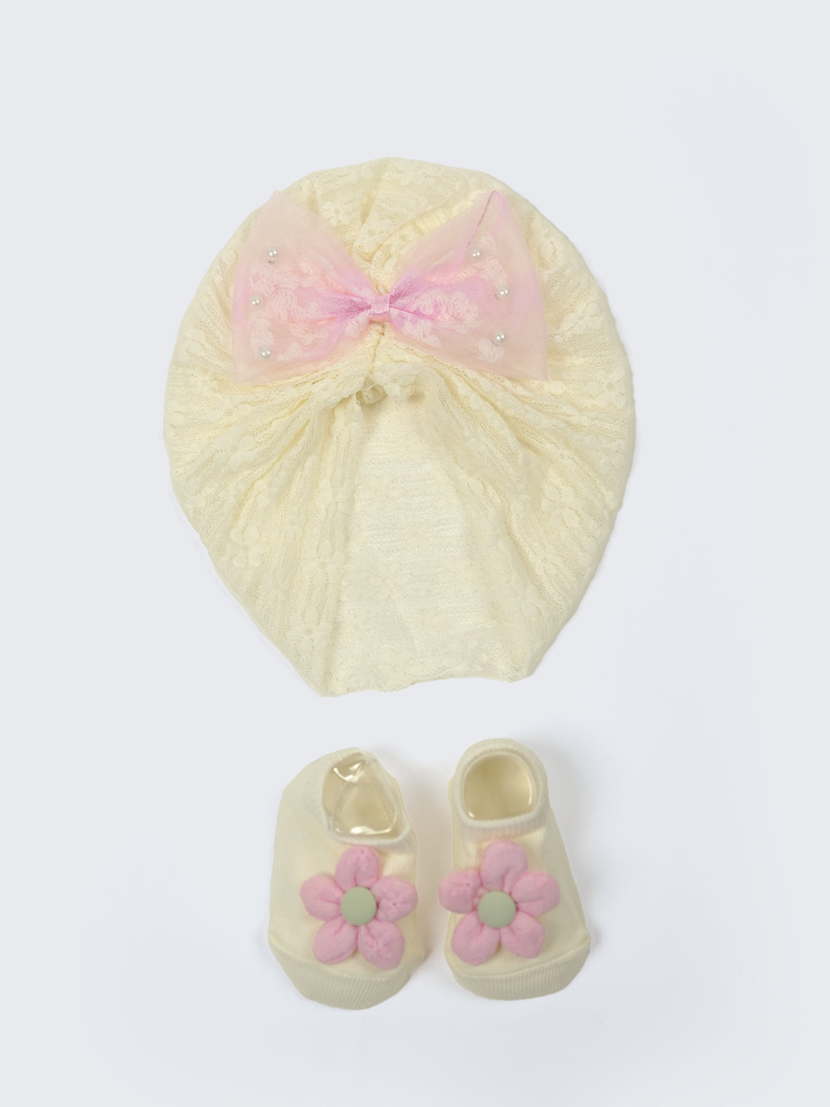 Baby Turban Cap & Floral Booties Set - Yellow With Pink