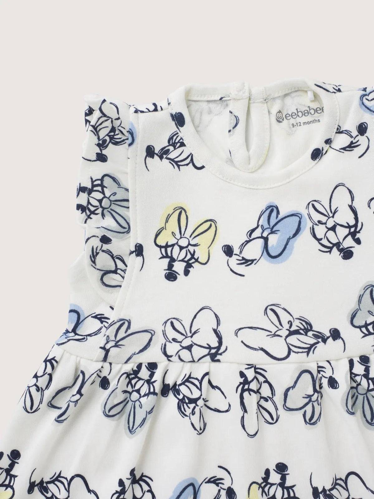 Sleeveless blue minnie mouse pattern in white frock for baby girls