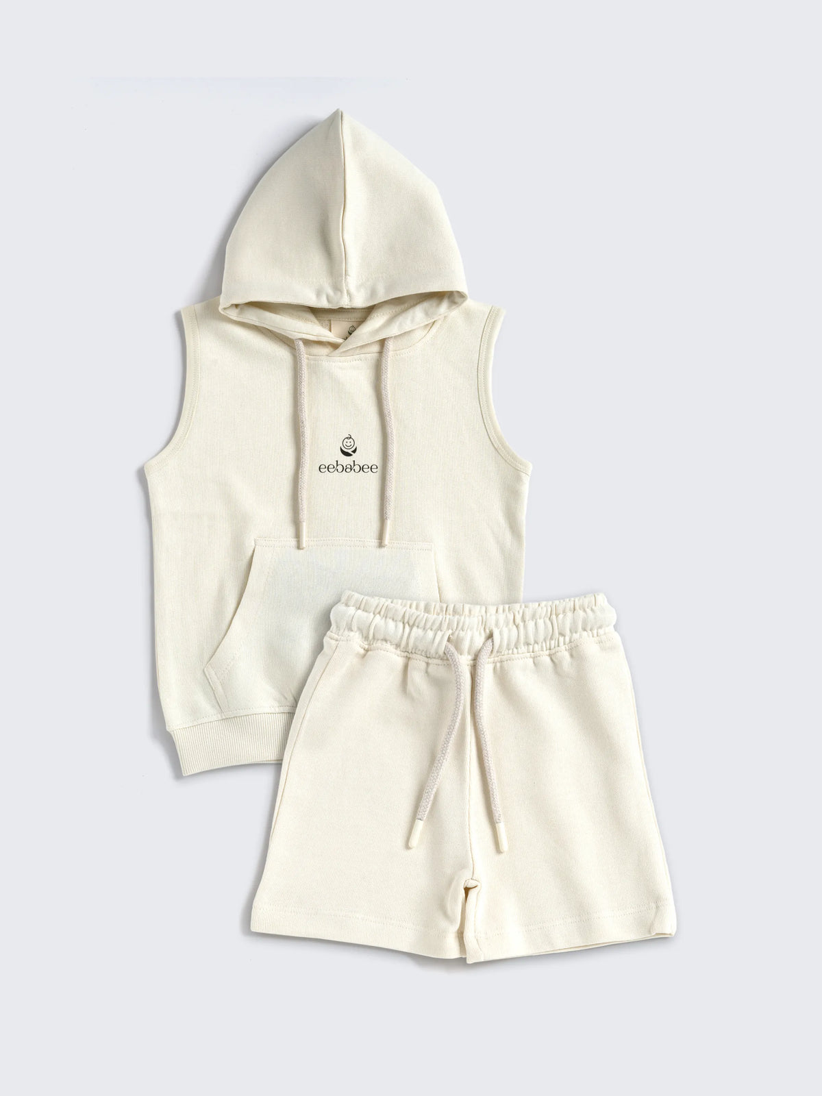 Boys Solid Sleeveless Hooded Set - Cream Edition