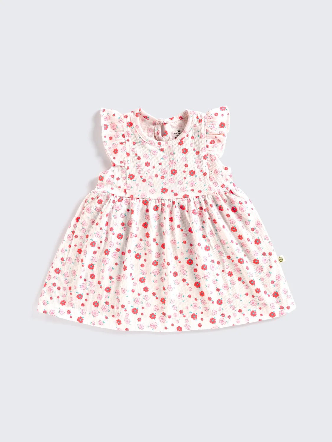 White with Pink & Red Floral Print Flutter Sleeve Frock