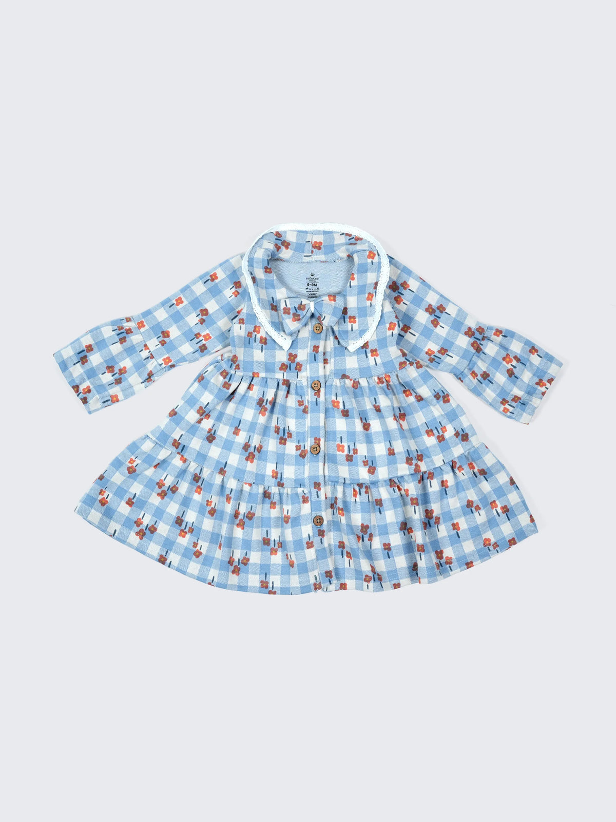 Blue Floral Checkered Baby Girl Frock with Collar & Bow