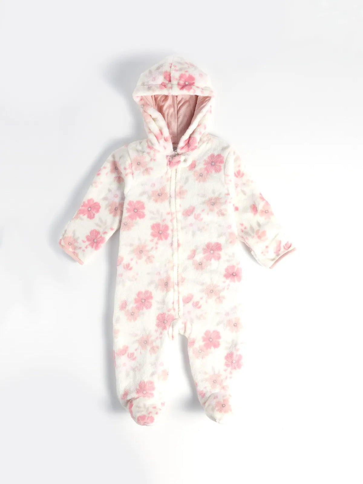 Full sleeve pink flower pattern in white winter wear sleepsuit for baby boys & girls