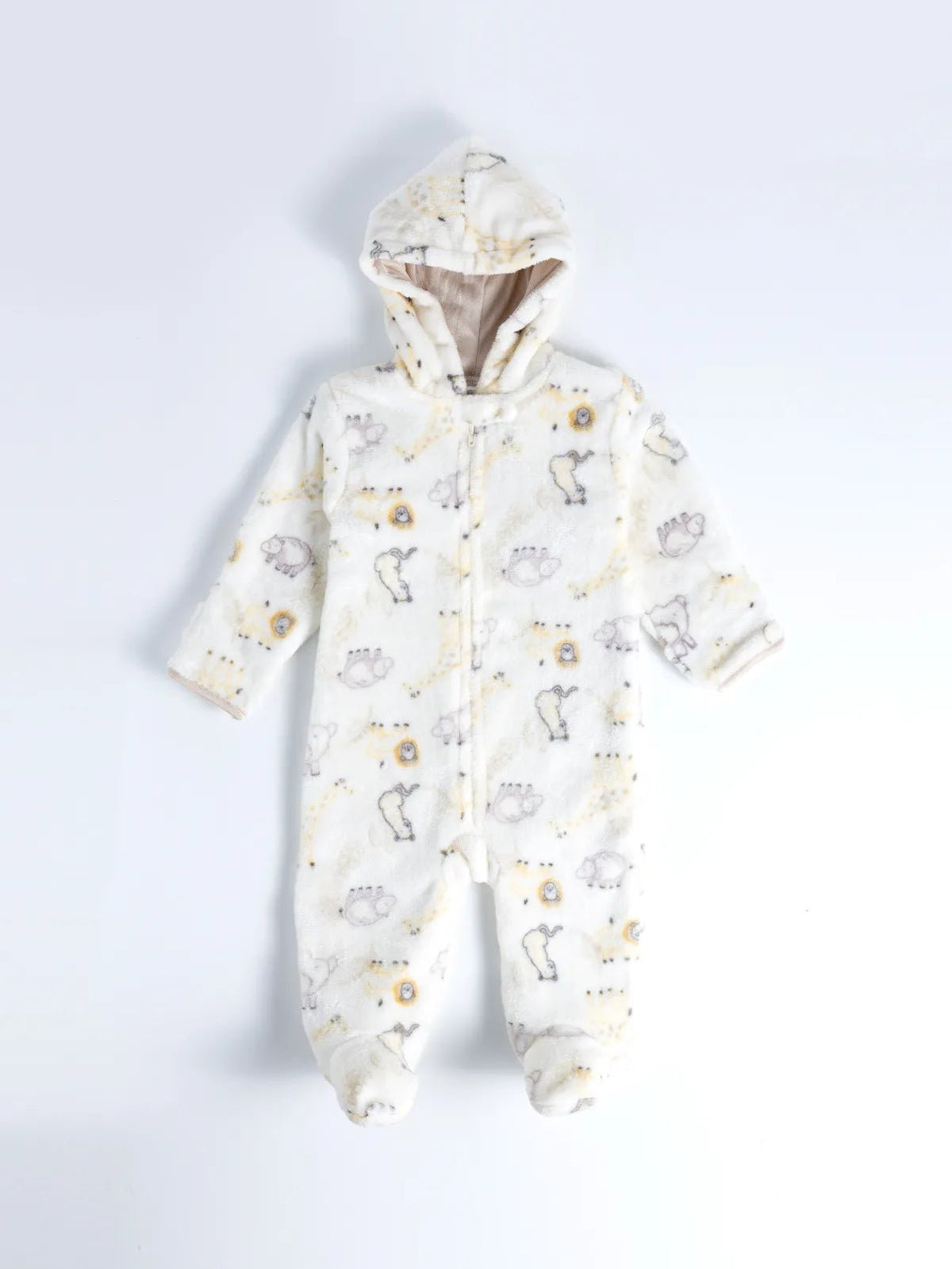 Full sleeve cute animal pattern in white winter wear sleepsuit for baby boys & girls