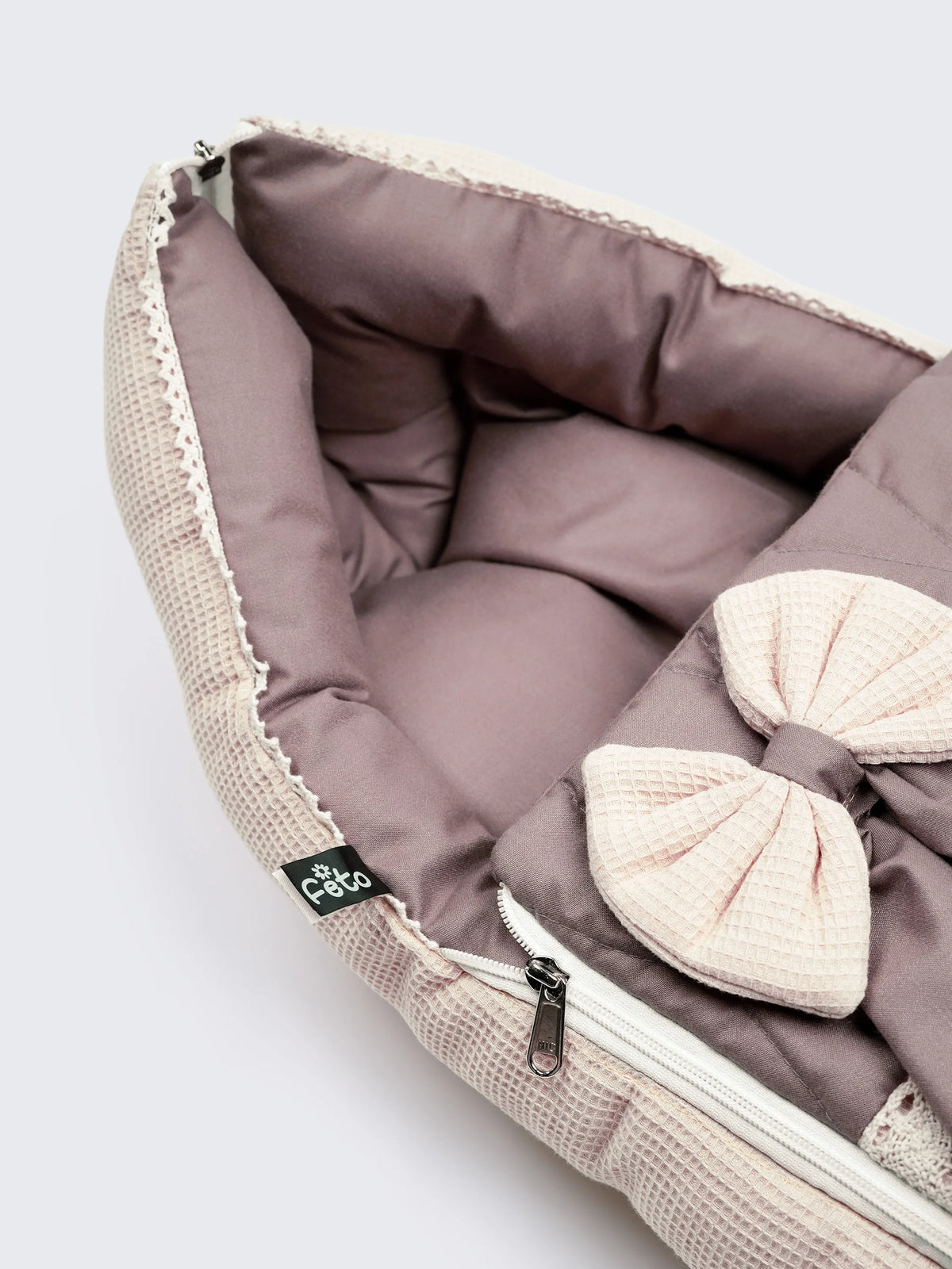 Baby Carry Nest – Quilted Beige & Mocha Soft Newborn Sleeping Bag with Bow Detail