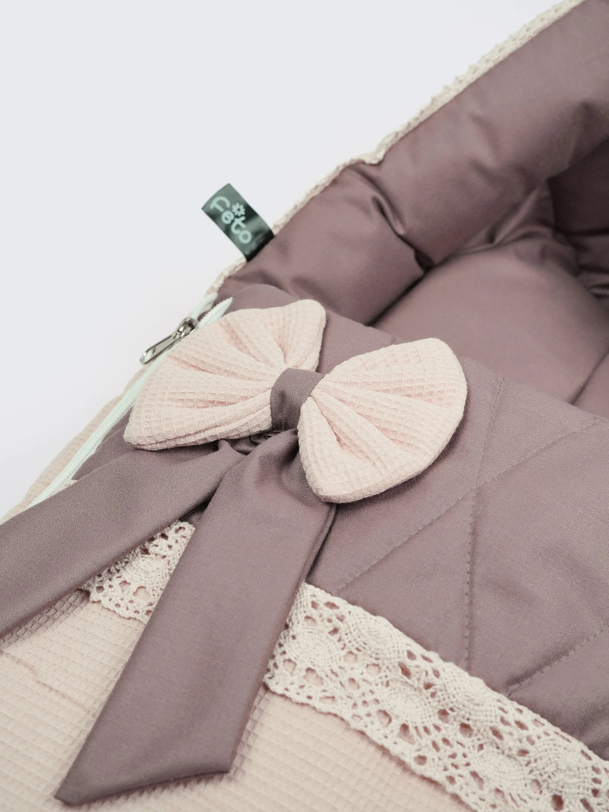 Baby Carry Nest – Quilted Beige & Mocha Soft Newborn Sleeping Bag with Bow Detail