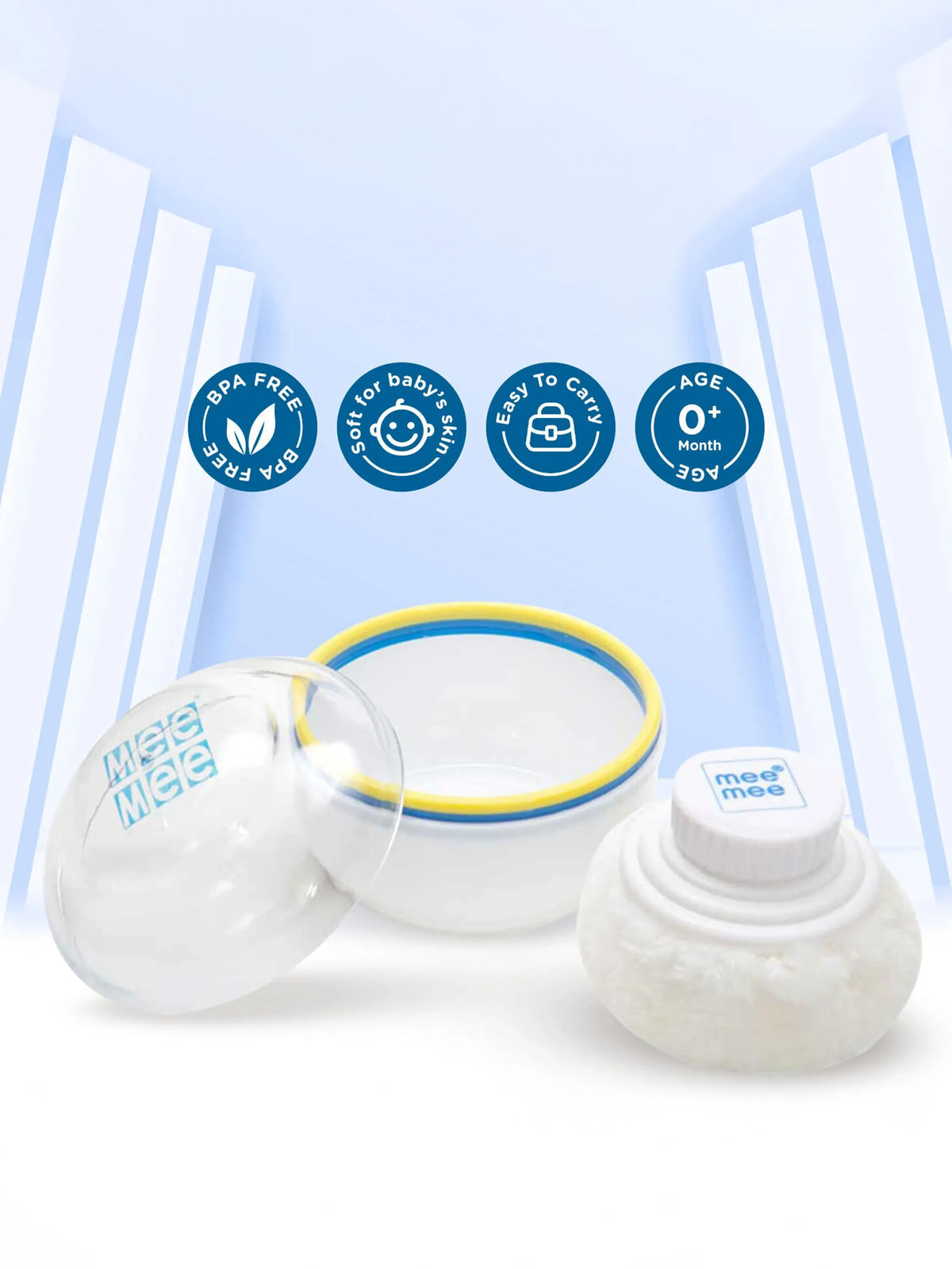 Premium Baby Powder Puff with Storage Case - Blue & Yellow Trim