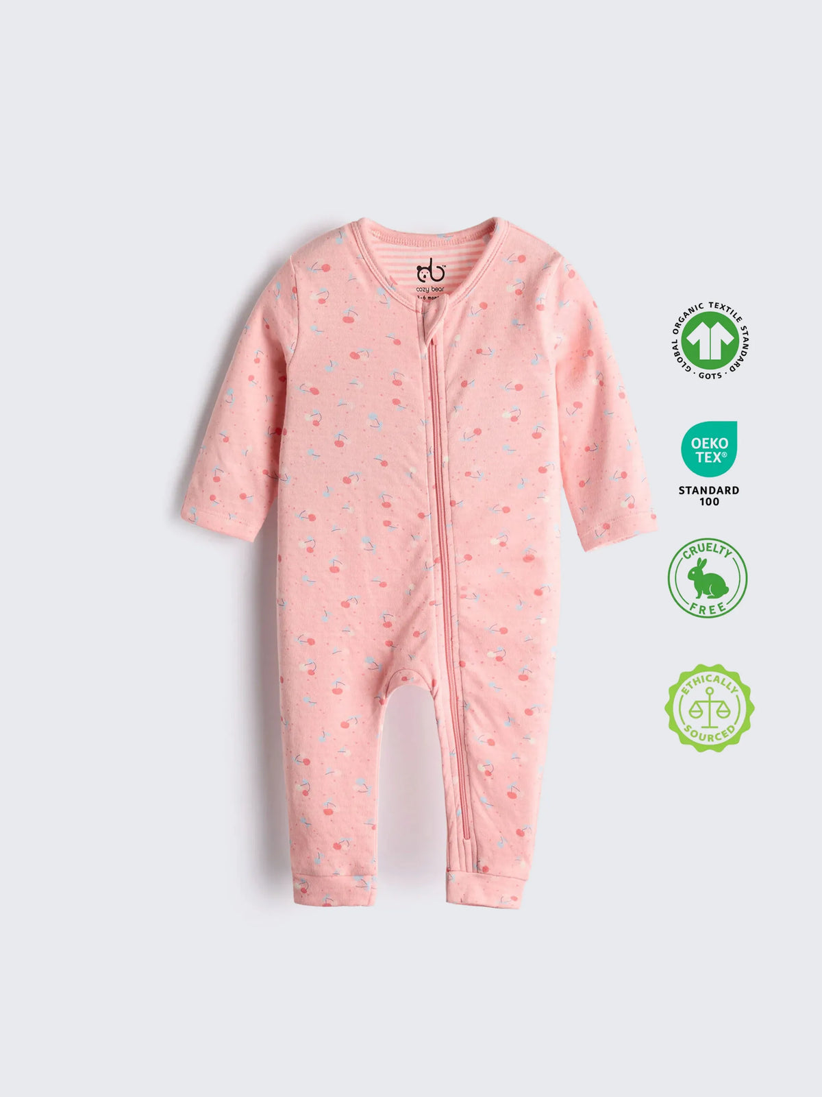 Organic Cotton Pink Cherry Print Full Sleeve Zip Romper