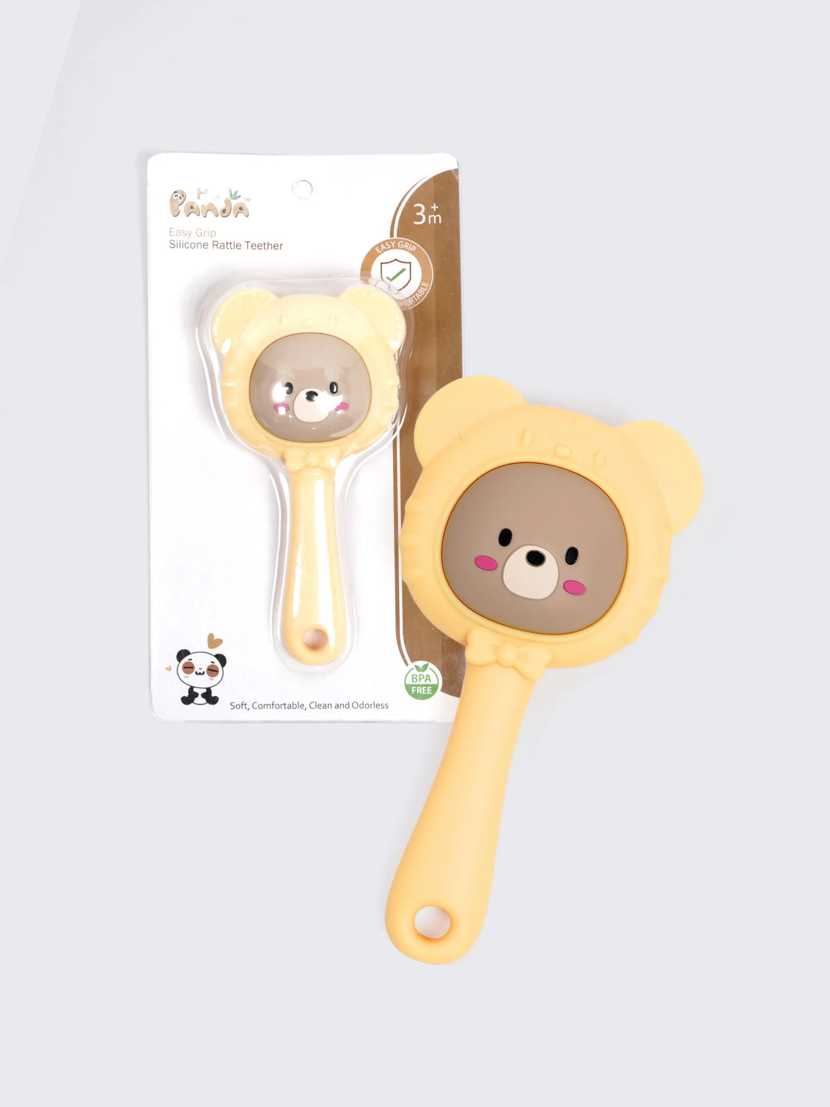 Easy Grip Silicone Yellow Baby Rattle Teether – BPA Free Bear Teething Toy for Babies