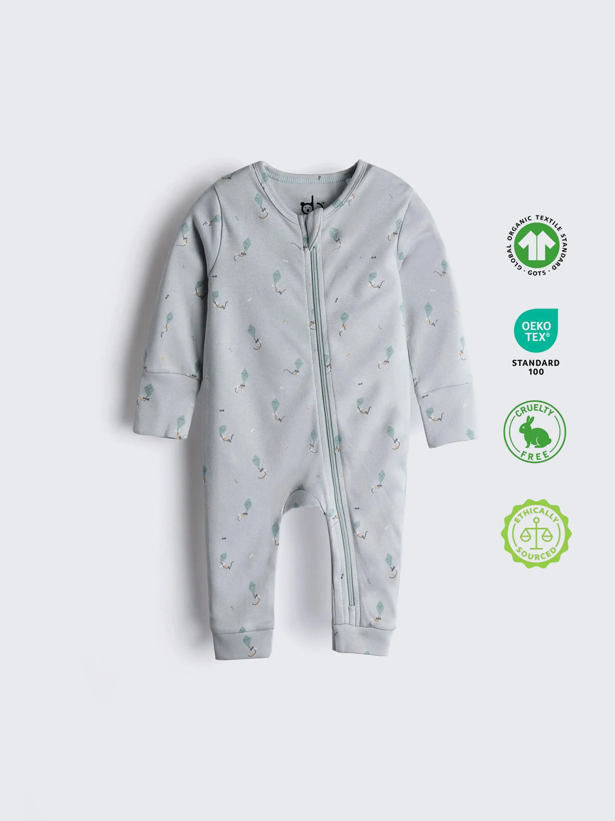 Organic Cotton Light Blue Printed Full Sleeve Zip Romper