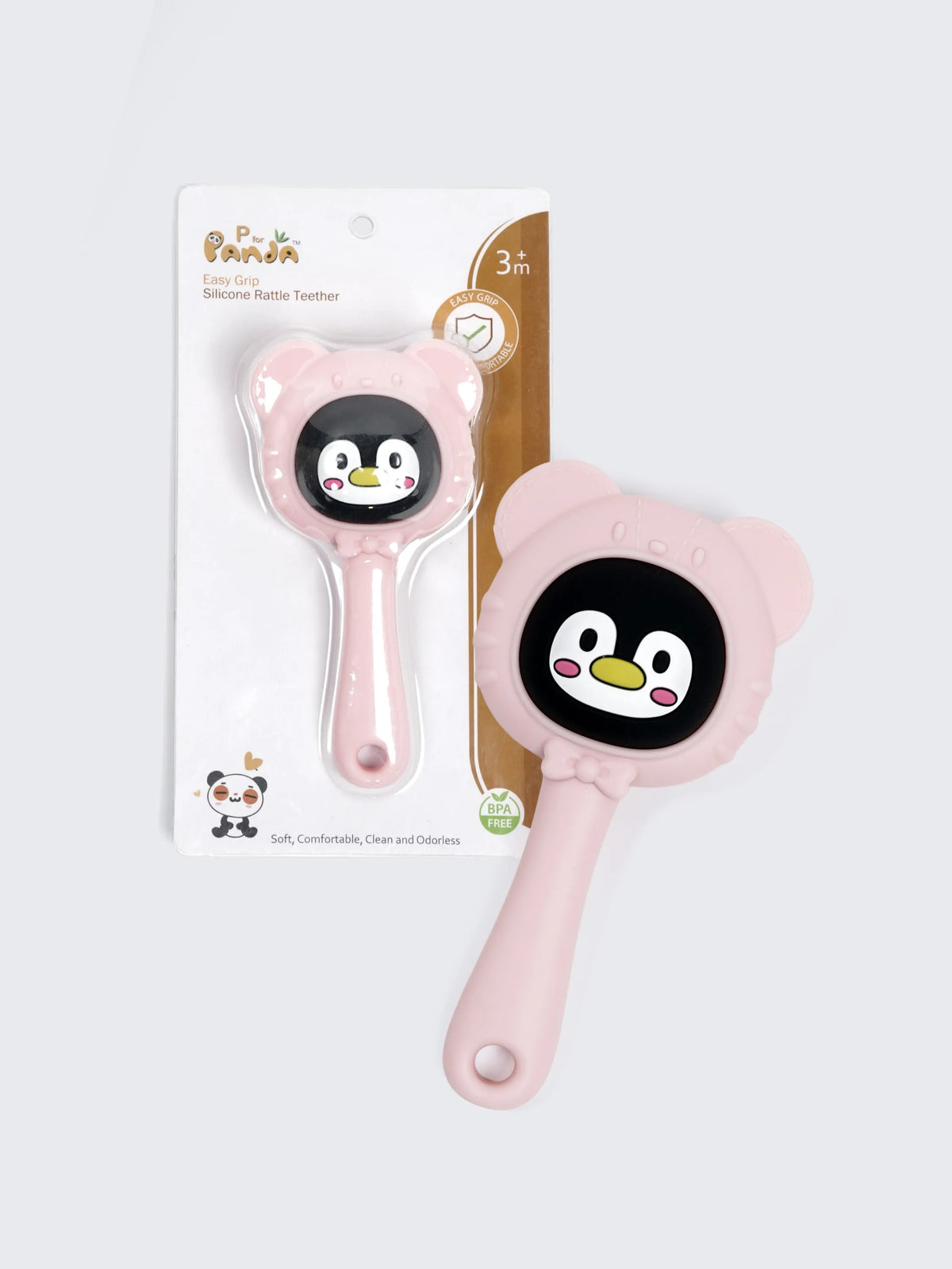 Easy Grip Silicone Pink Baby Rattle Teether – BPA Free Penguin Teething Toy for Babies