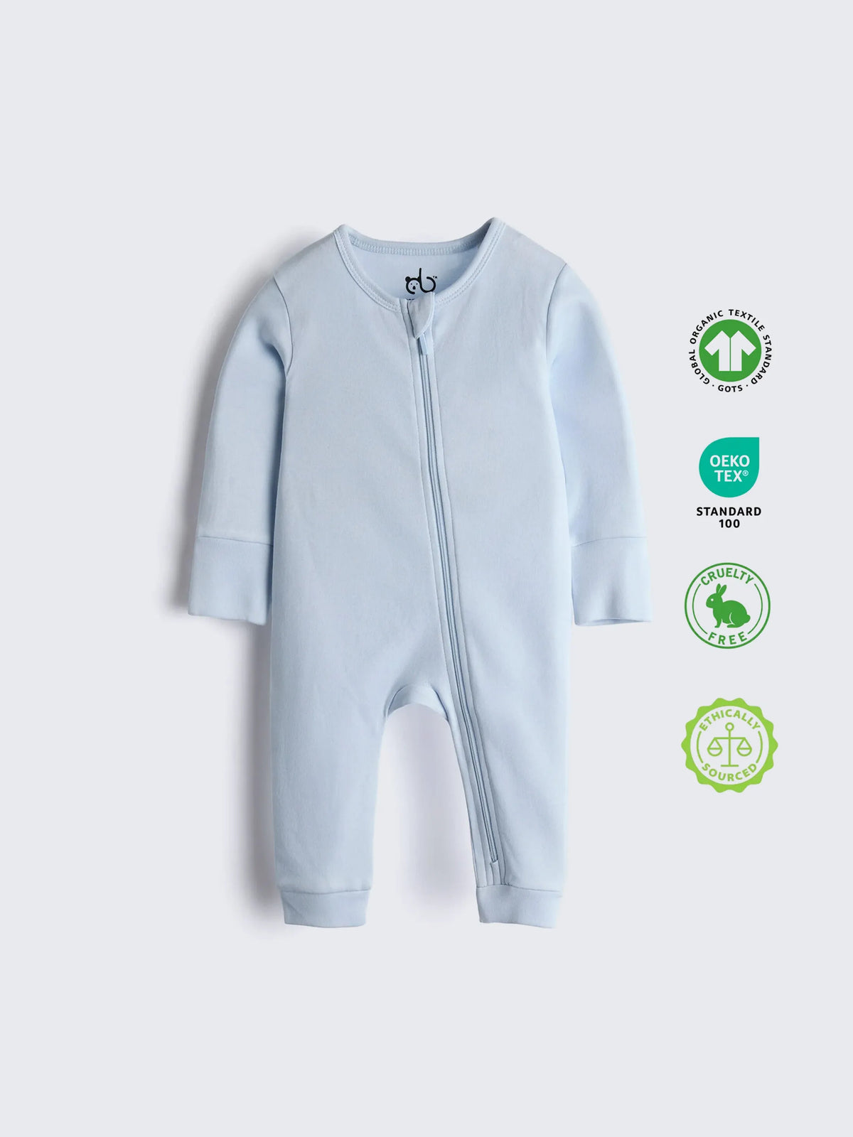 Organic Cotton Solid Light Blue Full Sleeve Zip Romper