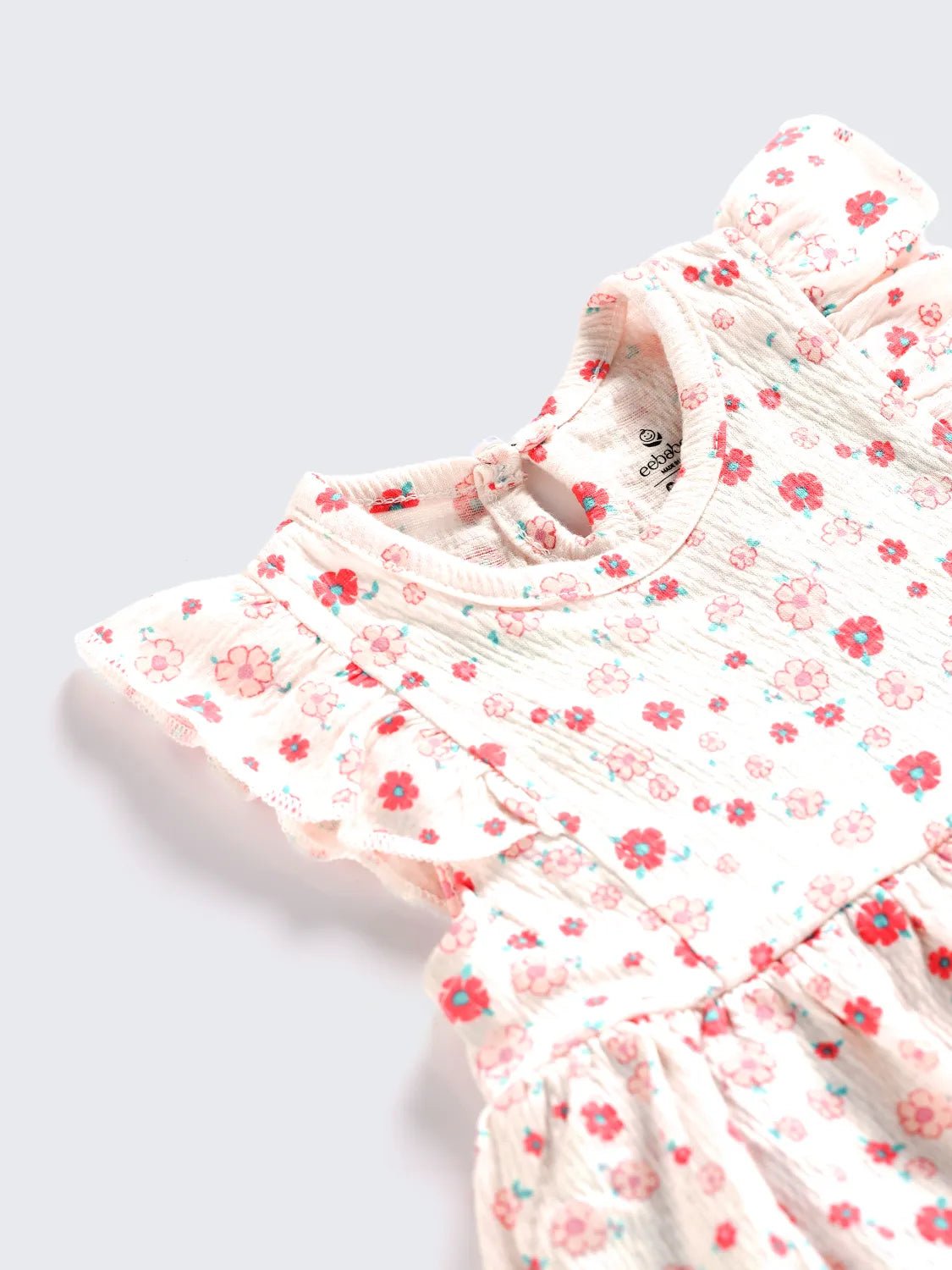 White with Pink & Red Floral Print Flutter Sleeve Frock