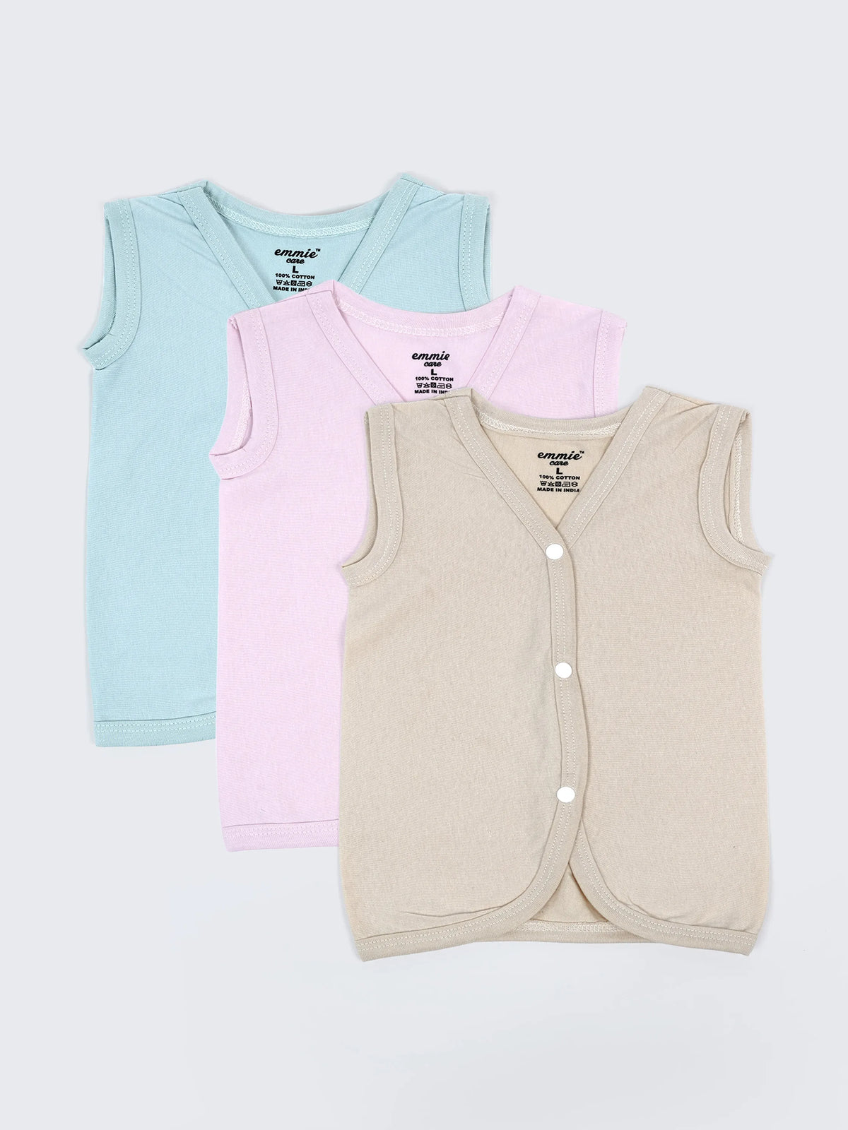 Baby Cotton Sleeveless Jabla Set – Solid Pastel Colors Front Open Newborn Vest Combo (3 Pieces)