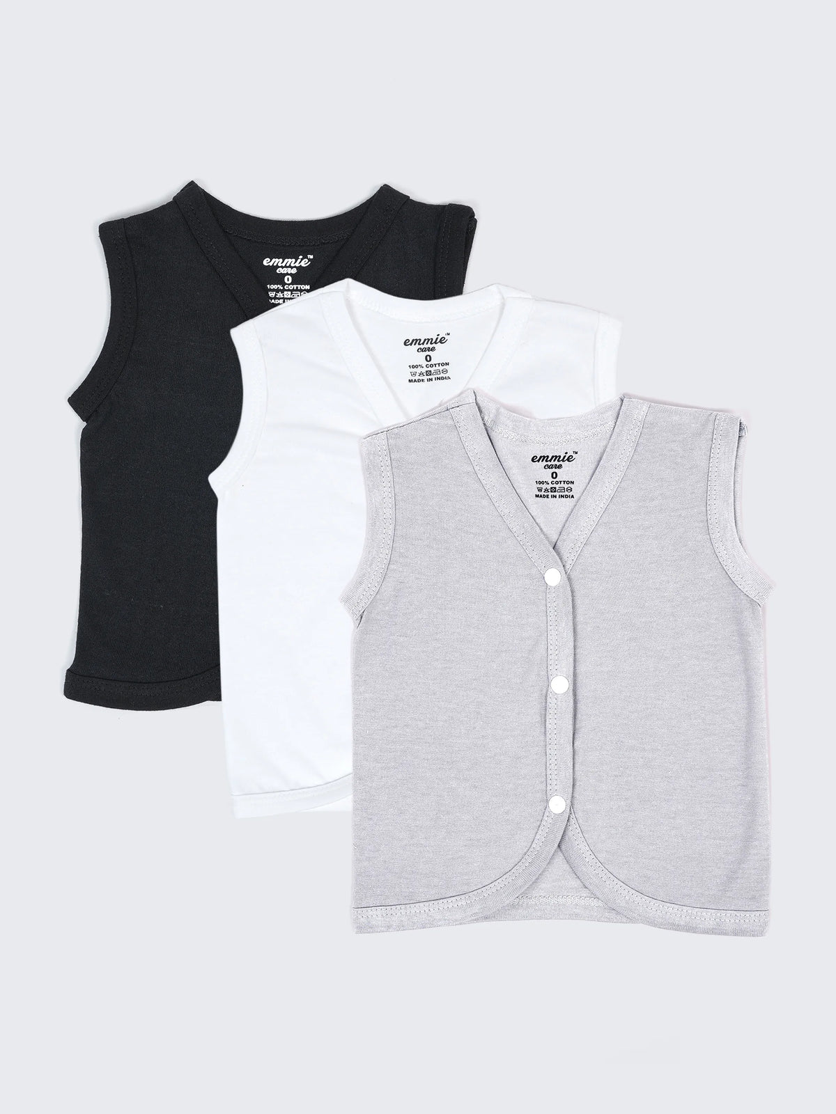 Baby Cotton Jabla Set – Sleeveless Front Open Vest Combo (Black, White & Grey – Pack of 3)