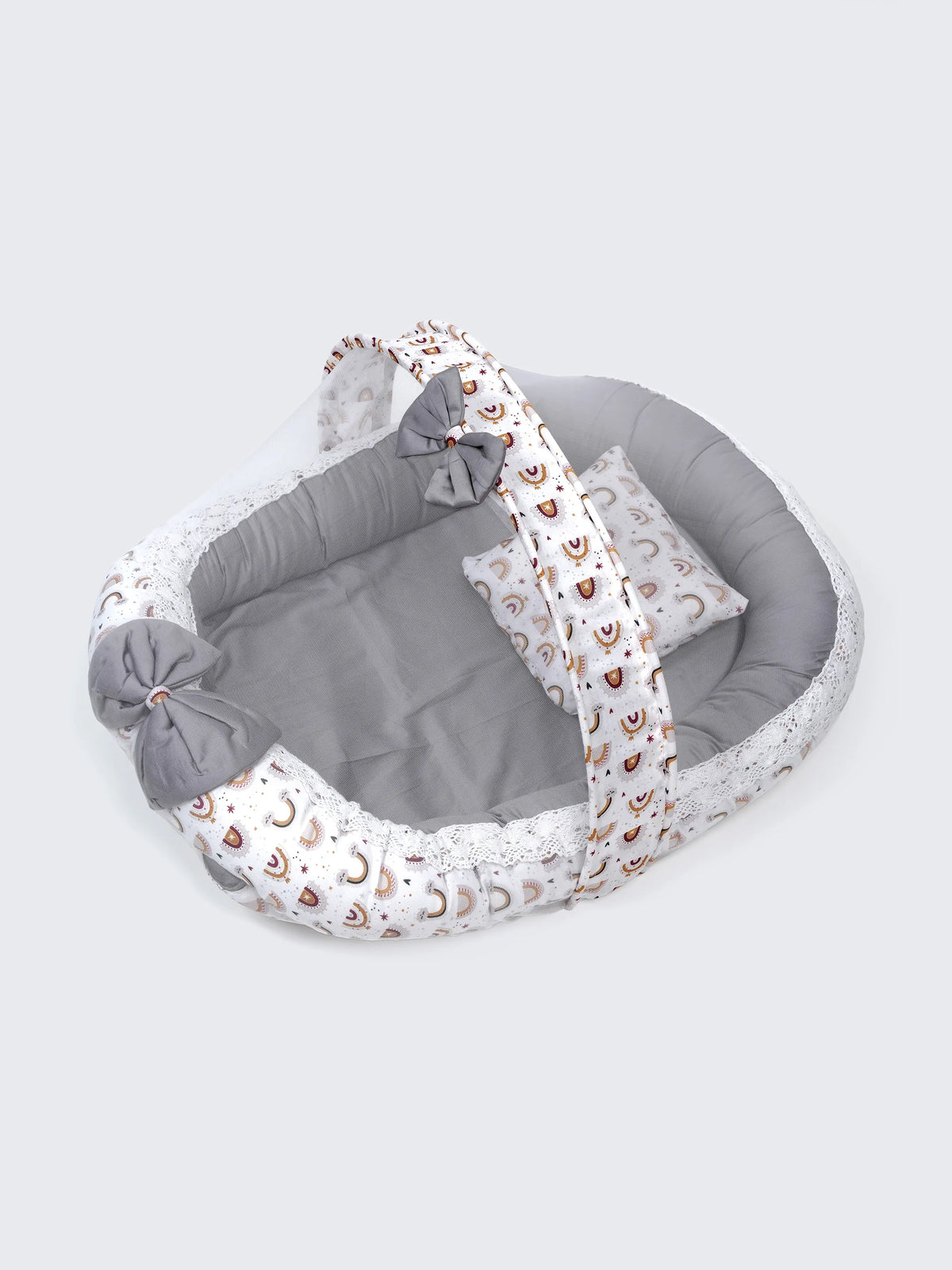 Premium Rainbow Print Grey Design Baby Nest Bed with Mosquito Net & Pillow – Soft Newborn Lounger