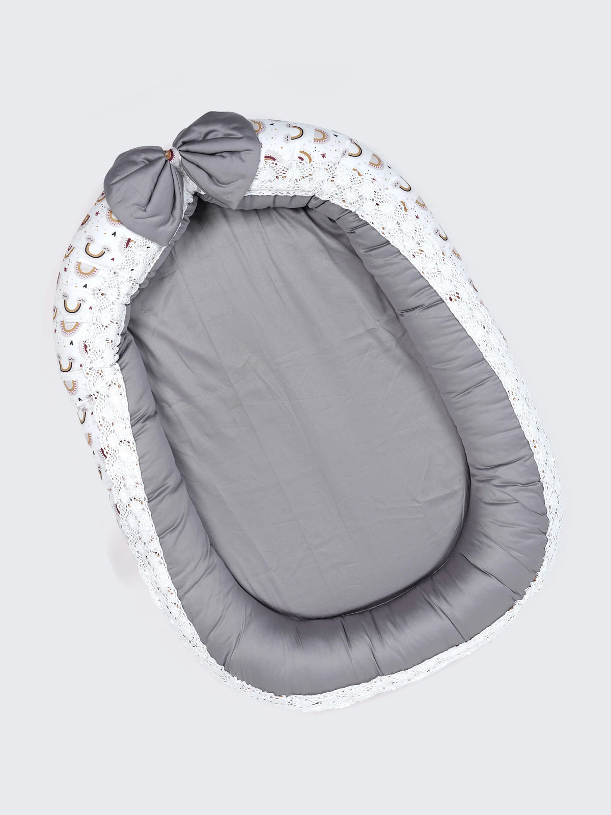 Premium Rainbow Print Grey Design Baby Nest Bed with Mosquito Net & Pillow – Soft Newborn Lounger