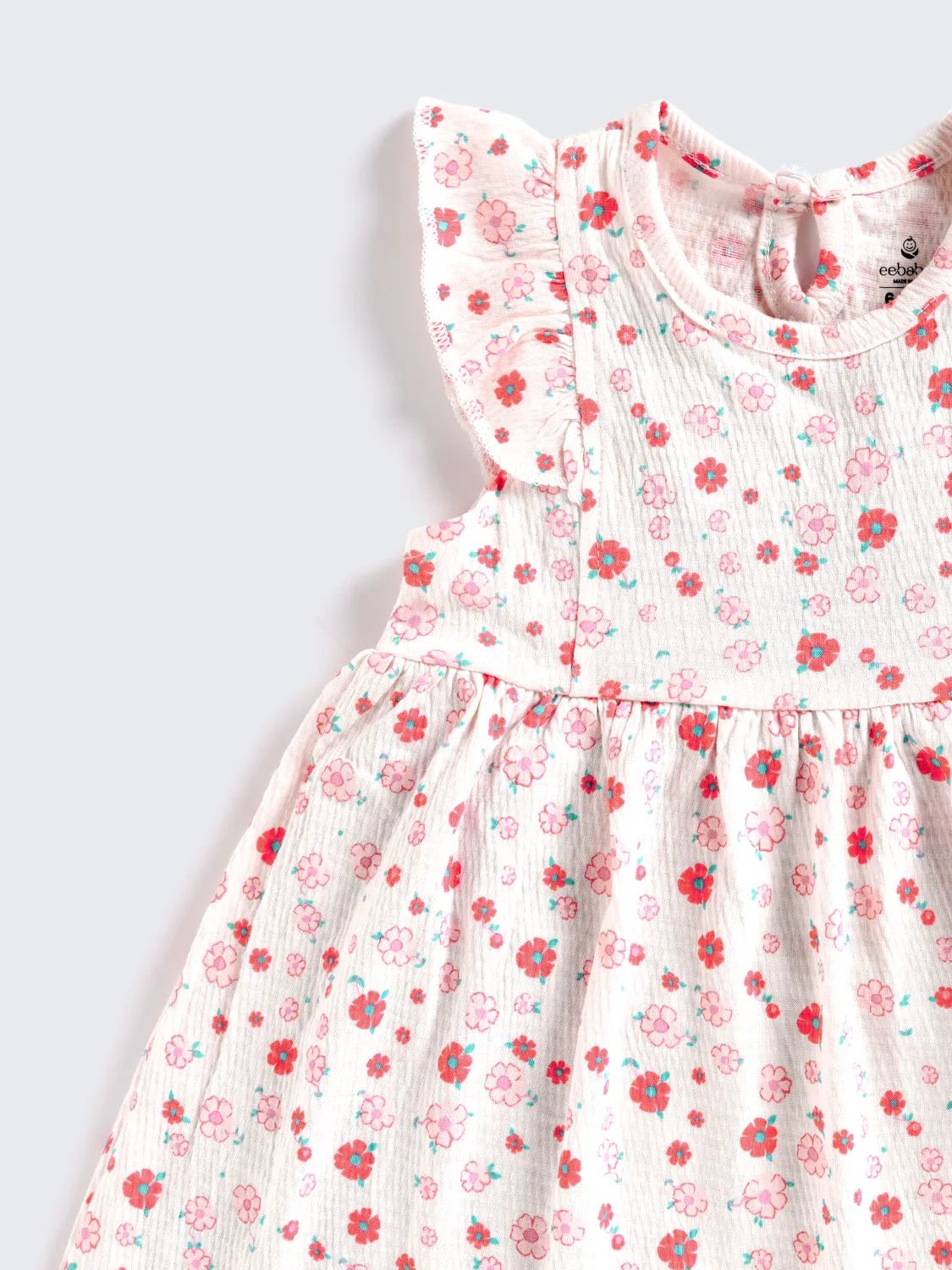 White with Pink & Red Floral Print Flutter Sleeve Frock