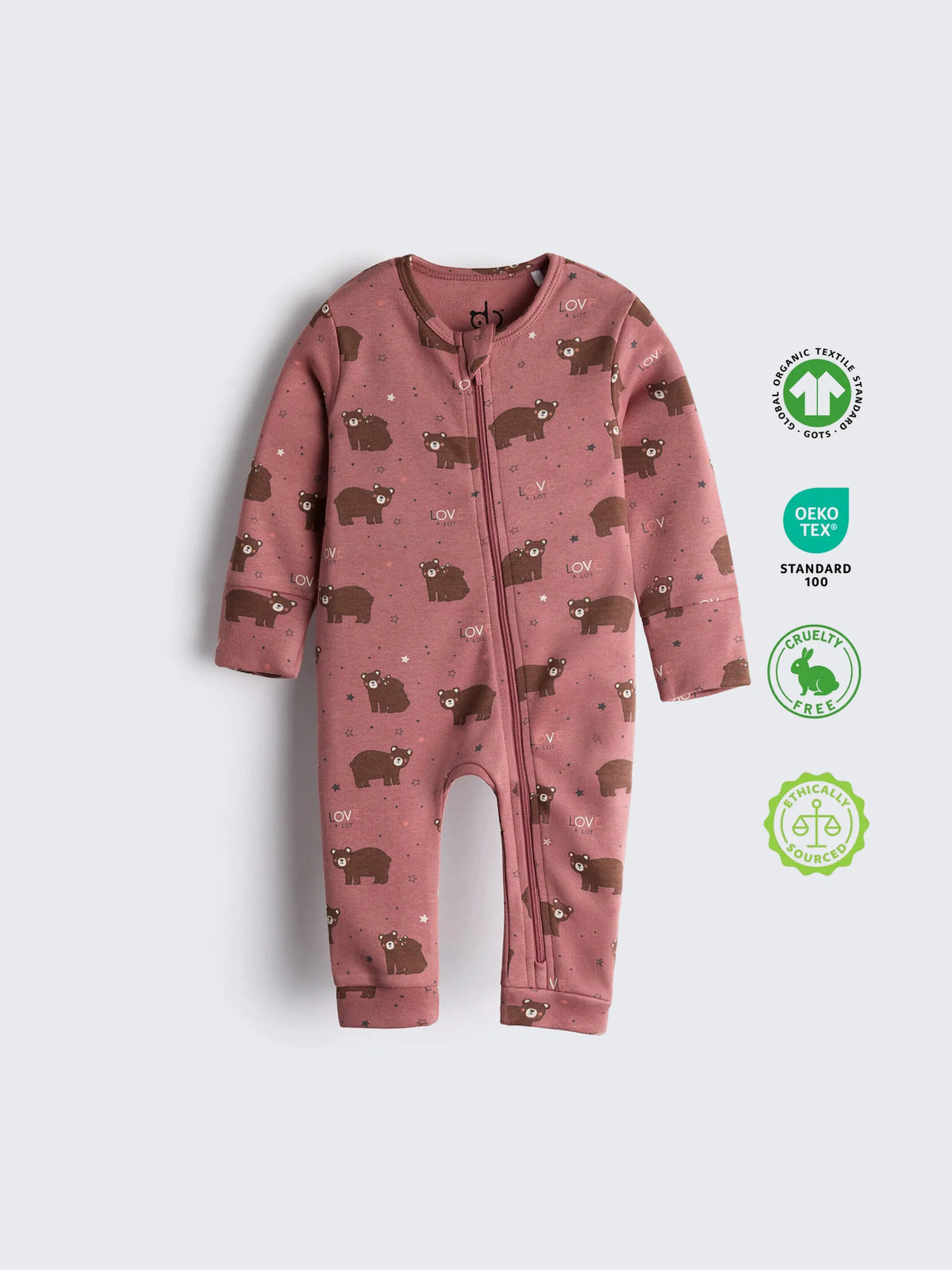 Organic Cotton Pink Bear Print Full Sleeve Zip Romper