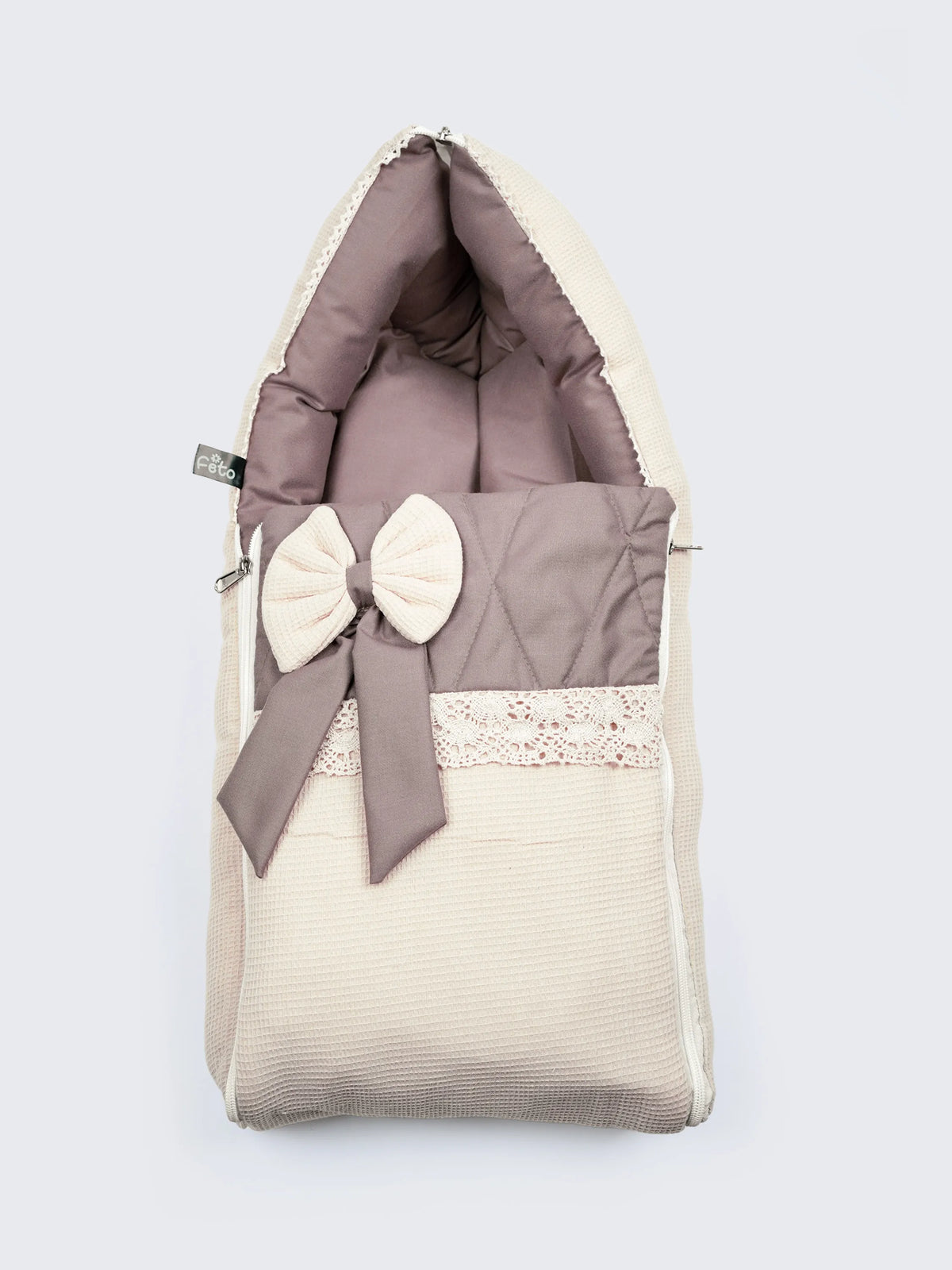 Baby Carry Nest – Quilted Beige & Mocha Soft Newborn Sleeping Bag with Bow Detail
