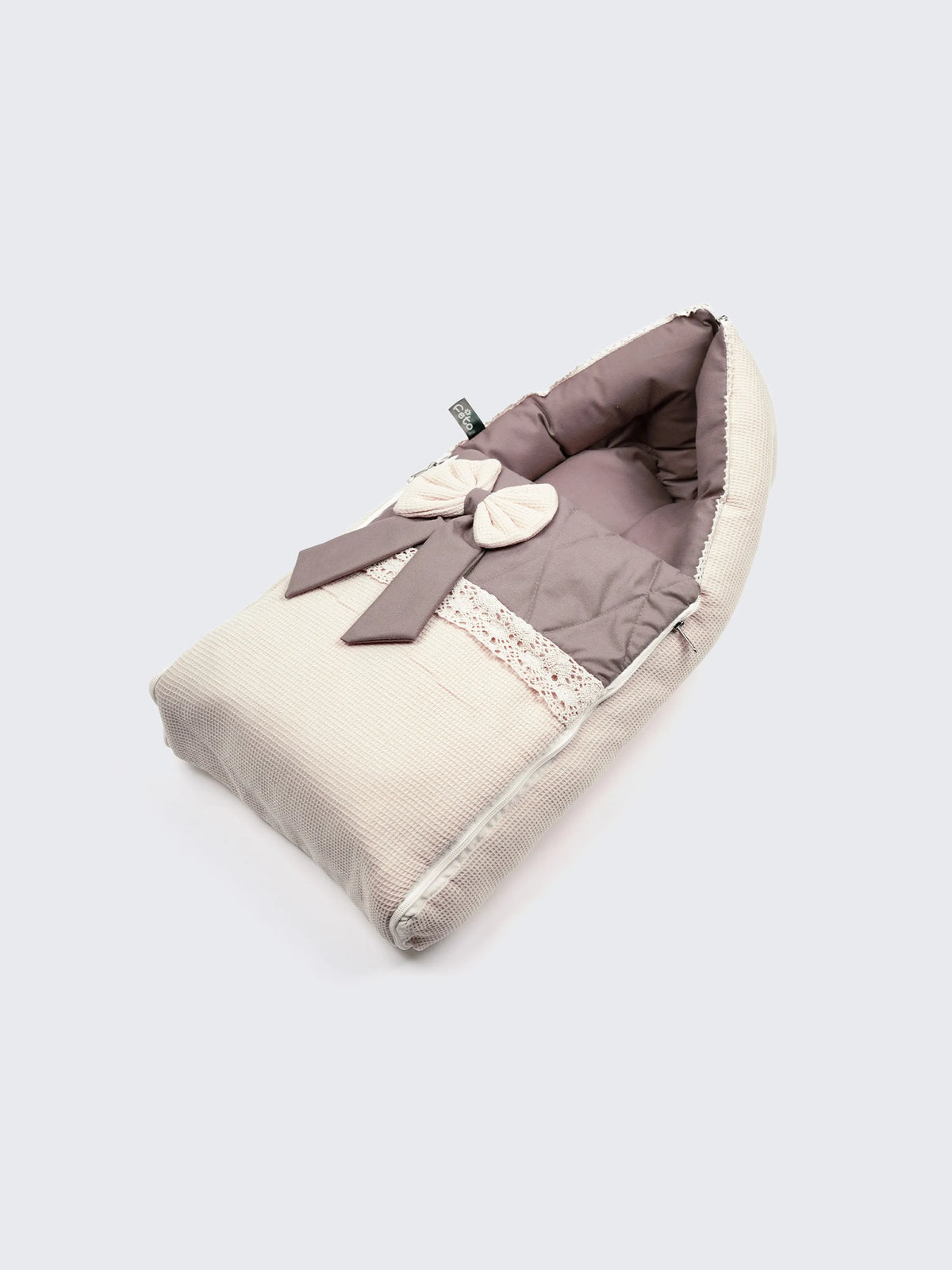 Baby Carry Nest – Quilted Beige & Mocha Soft Newborn Sleeping Bag with Bow Detail