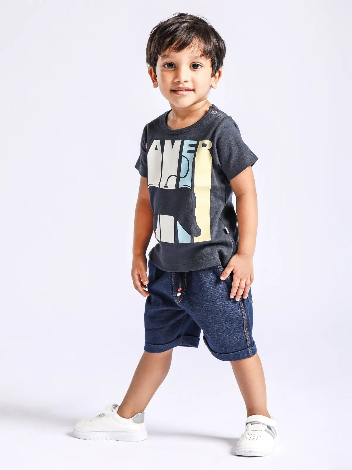 Half sleeve Black & Blue denim shorts &  t-shirt set for baby