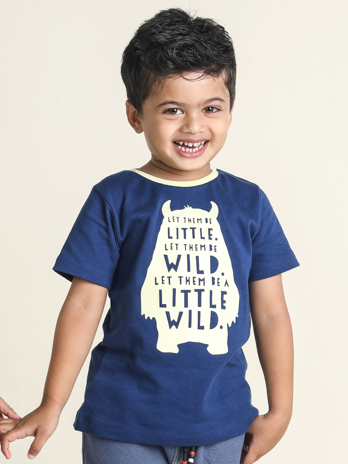 Half sleeve blue & off white graphic t-shirt for baby